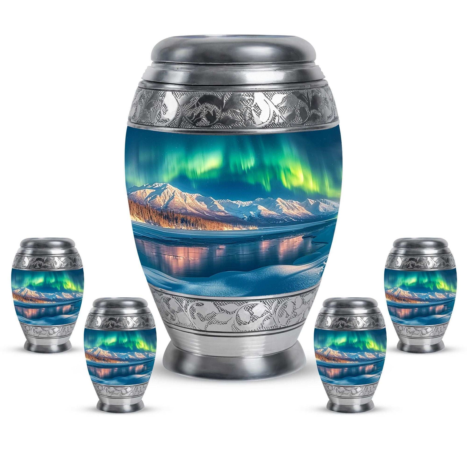 Aurora Borealis Theme Large Urn With 4 Keepsake Urn