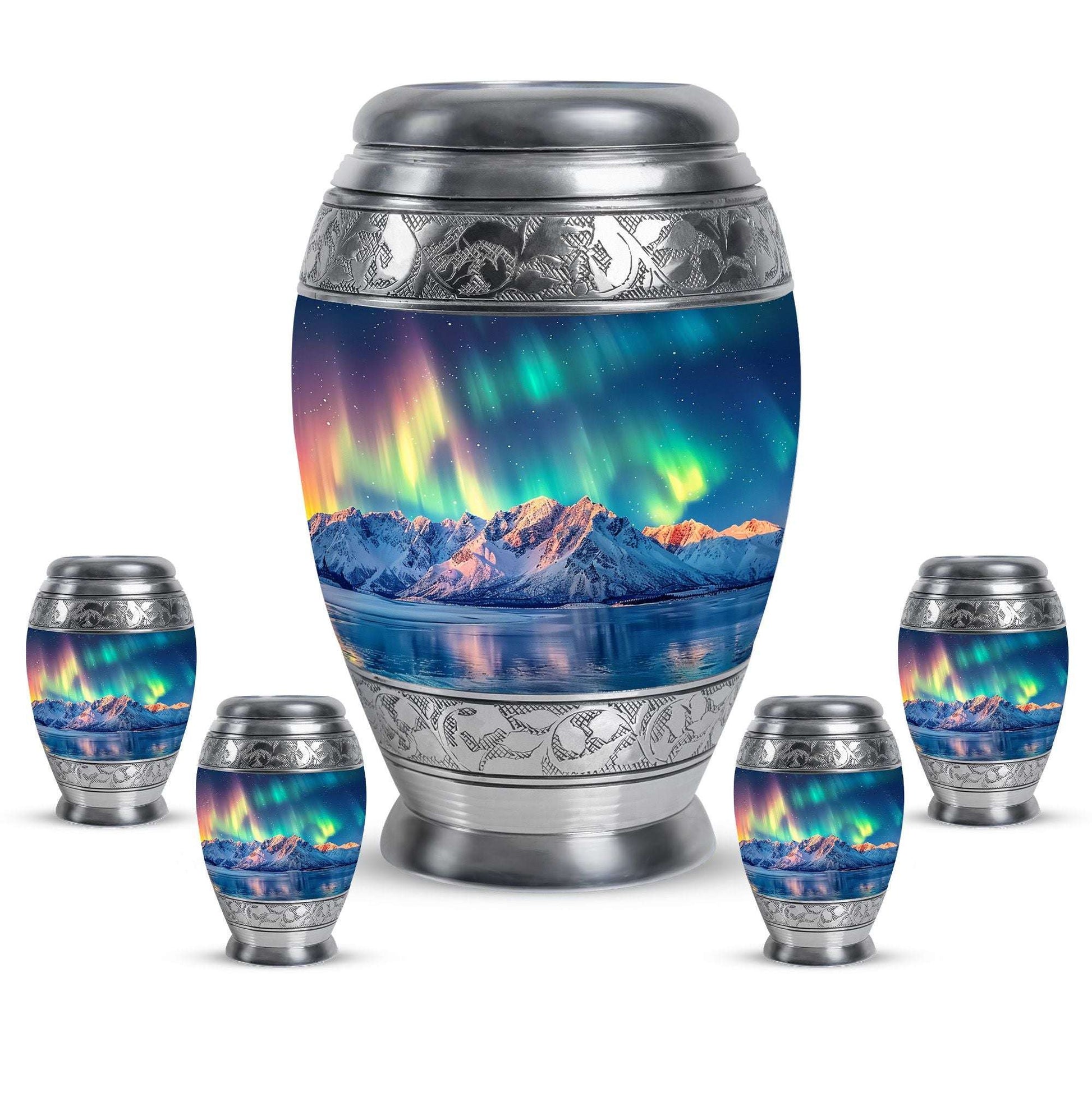 Aurora Borealis Theme Large Urn With 4 Keepsake Urn