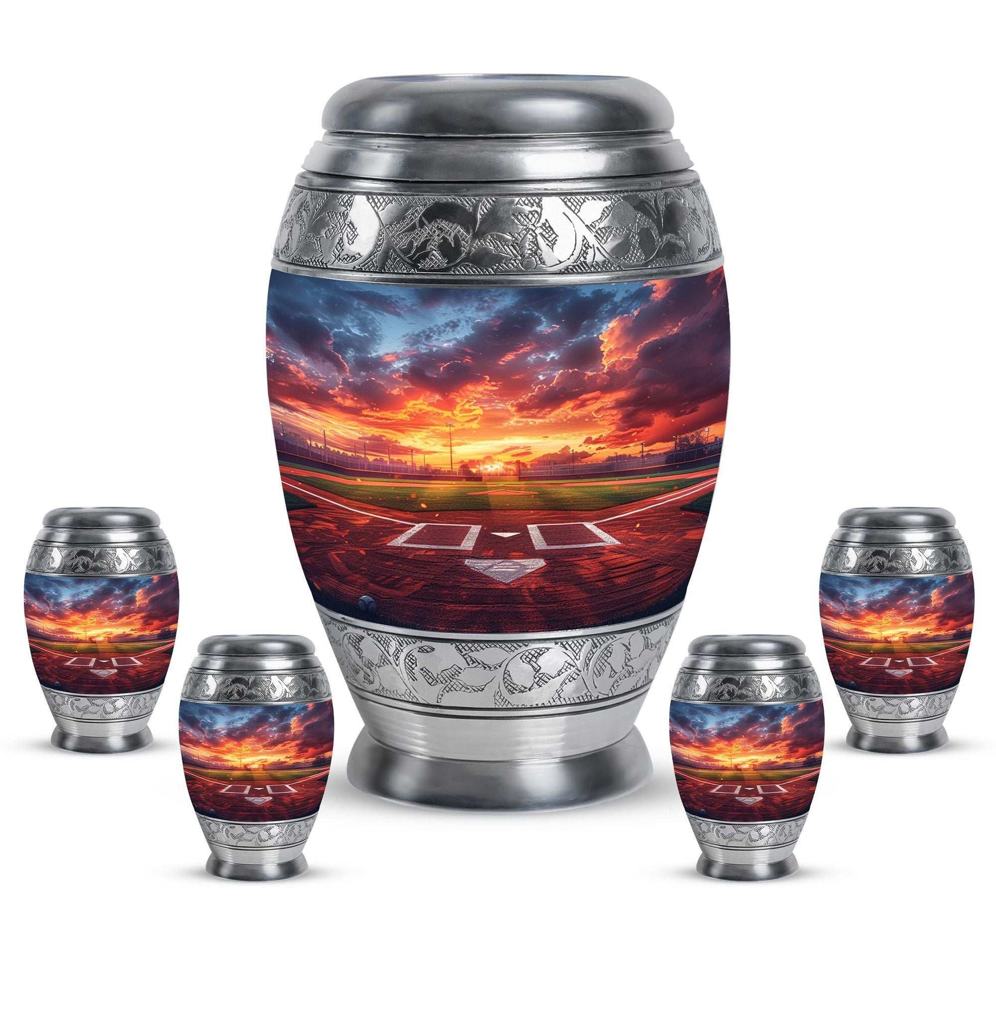 Baseball Theme Large Urn With 4 Keepsake Urn