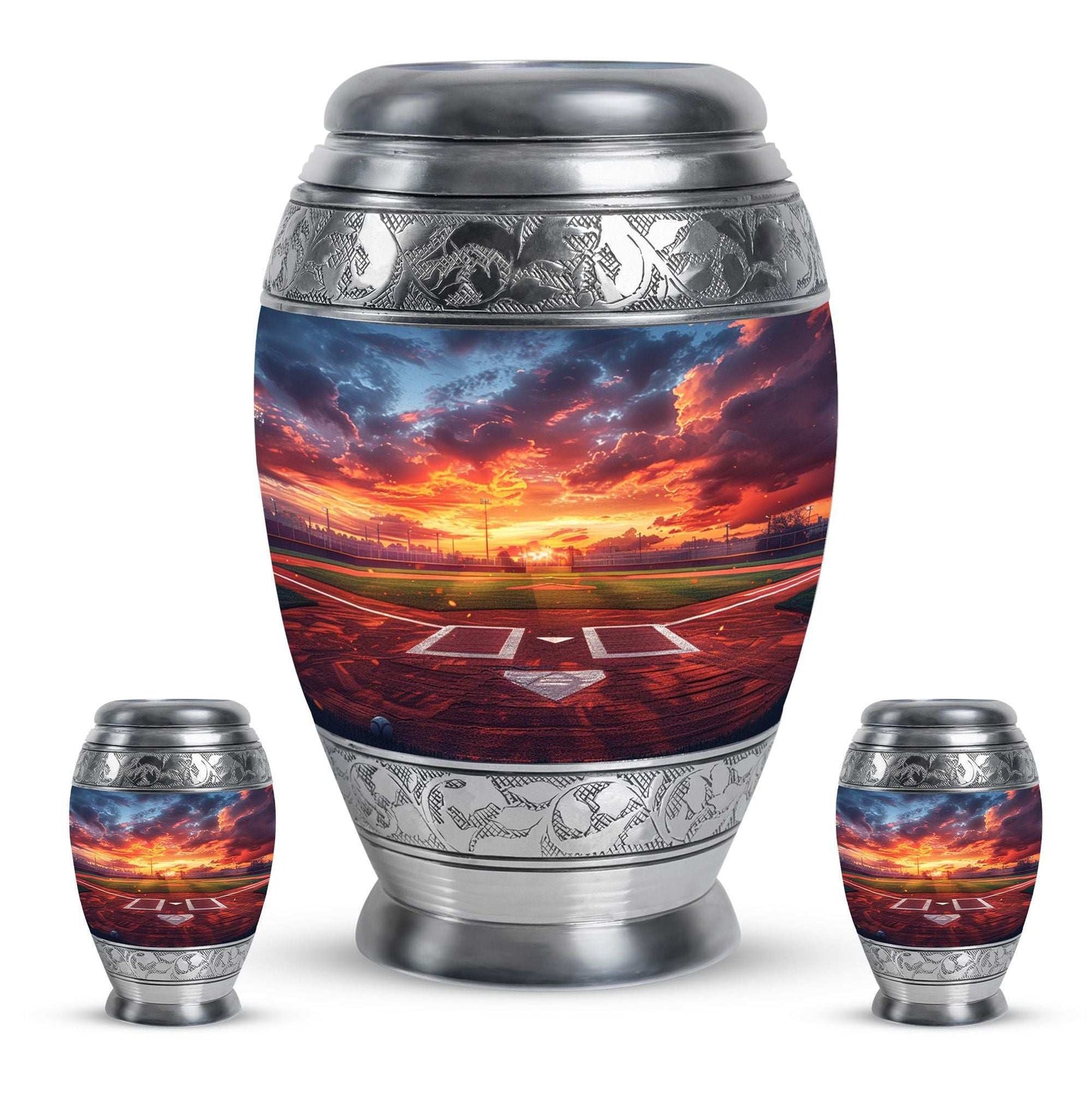 Baseball Theme Large Urn With 2 Keepsake Urn