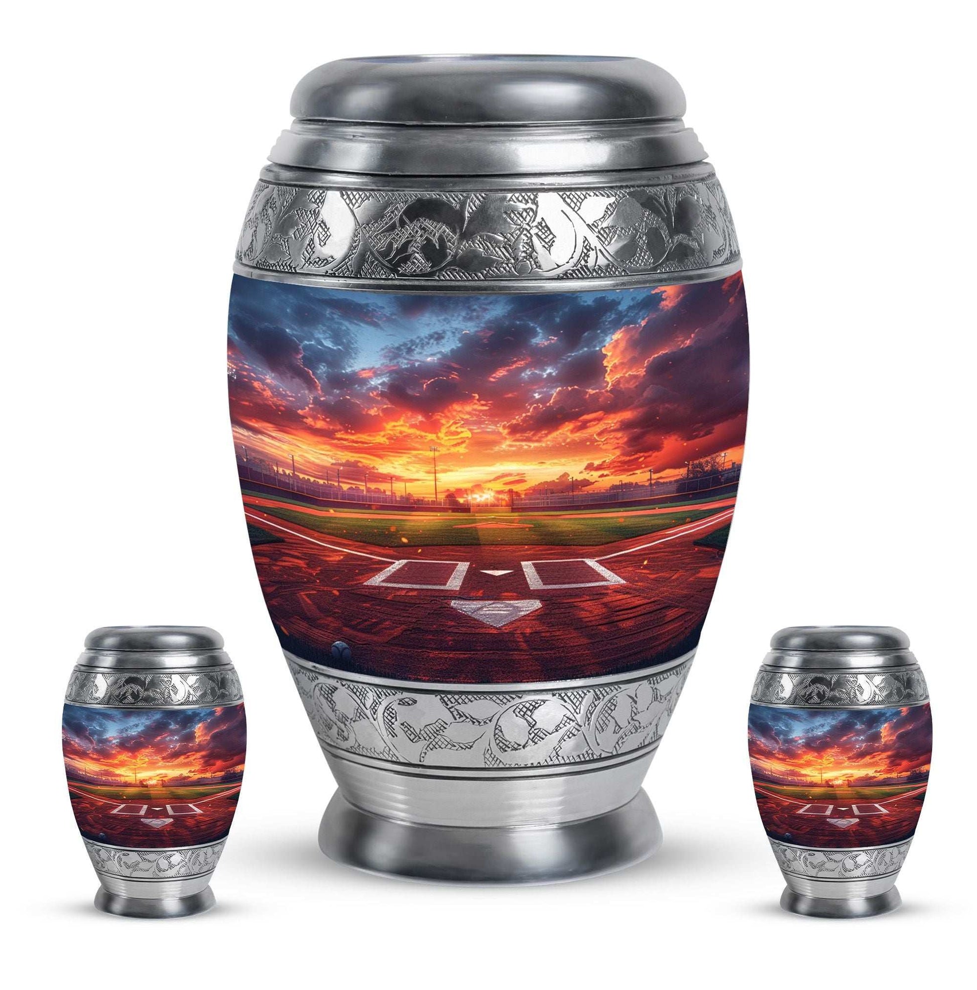 Baseball Theme Large Urn With 2 Keepsake Urn