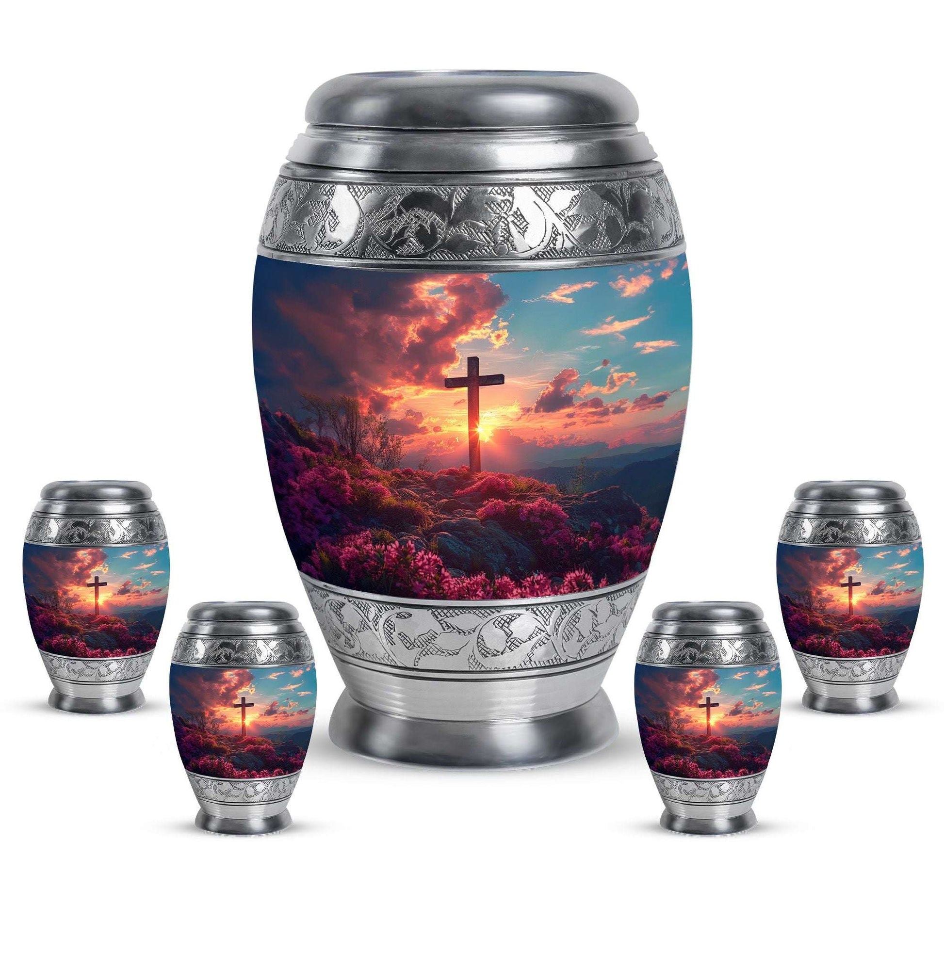 Cross Theme Large Urn With 4 Keepsake Urn