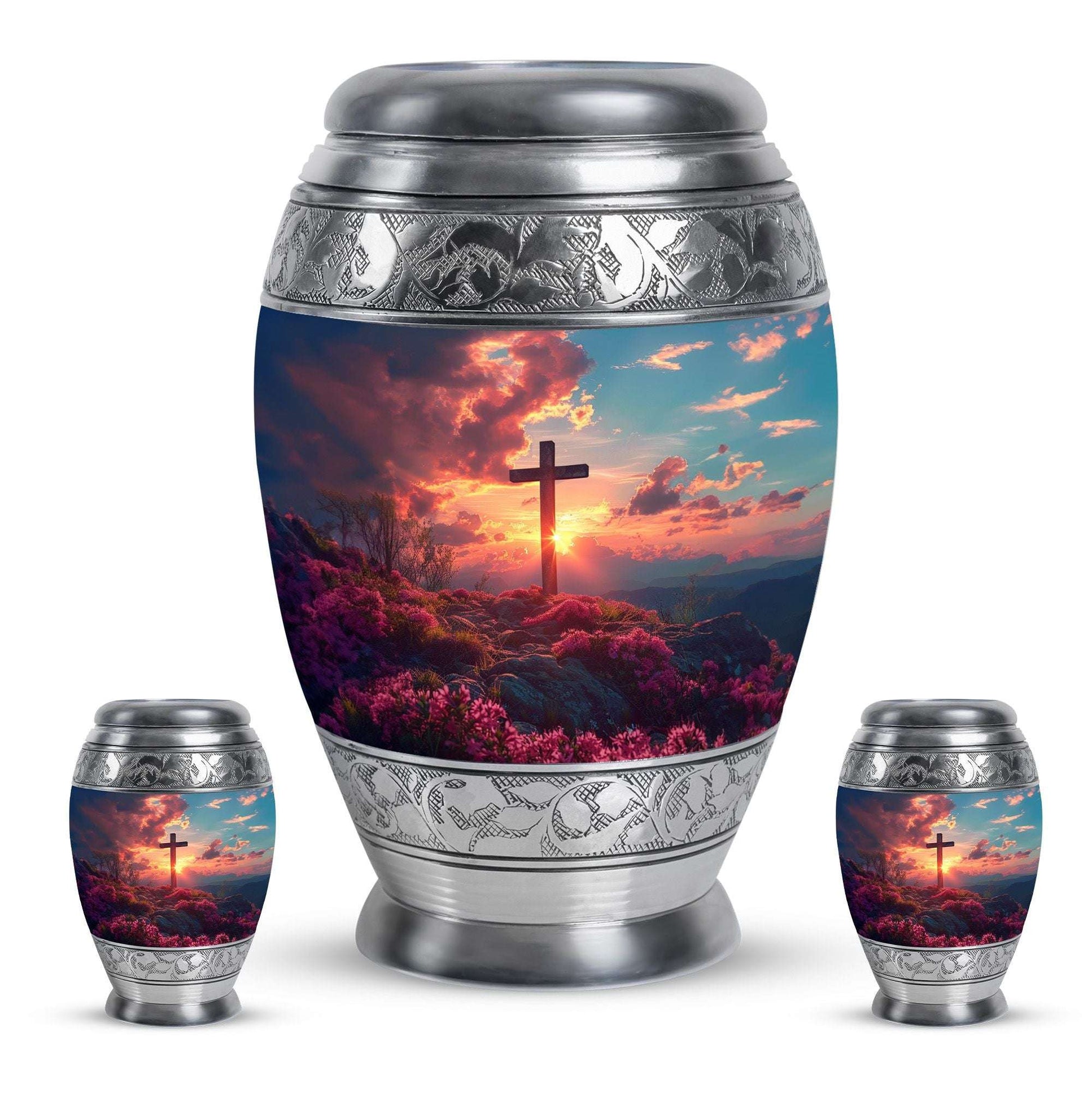 Cross Theme Large Urn With 2 Keepsake Urn