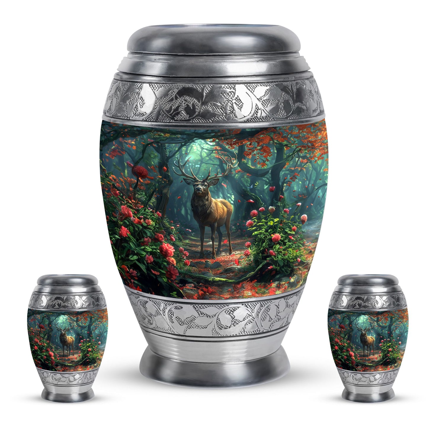 Deer Theme Large Urn With 2 Keepsake Urn