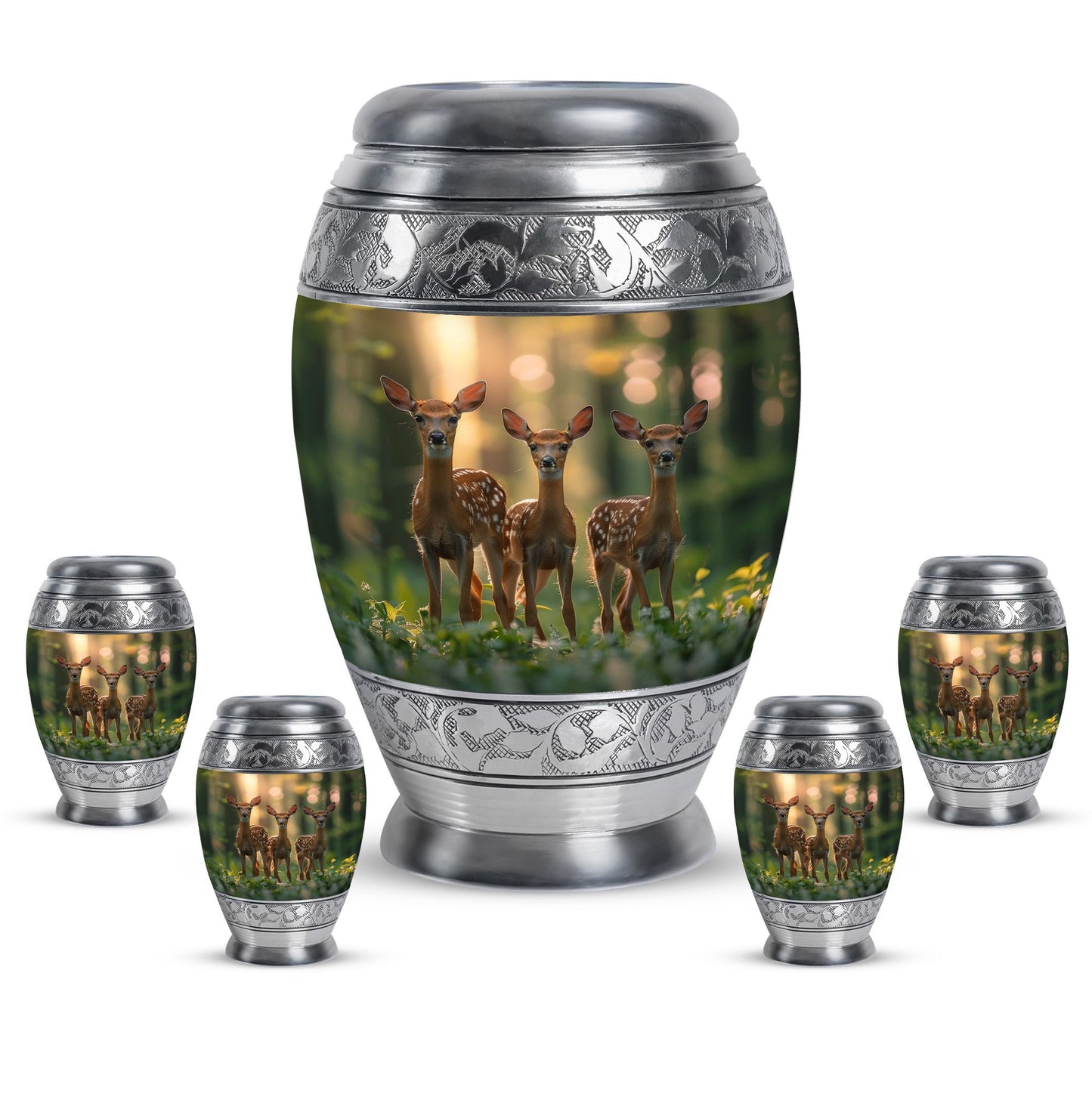 Deer Family Theme Large Urn With 4 Keepsake Urn
