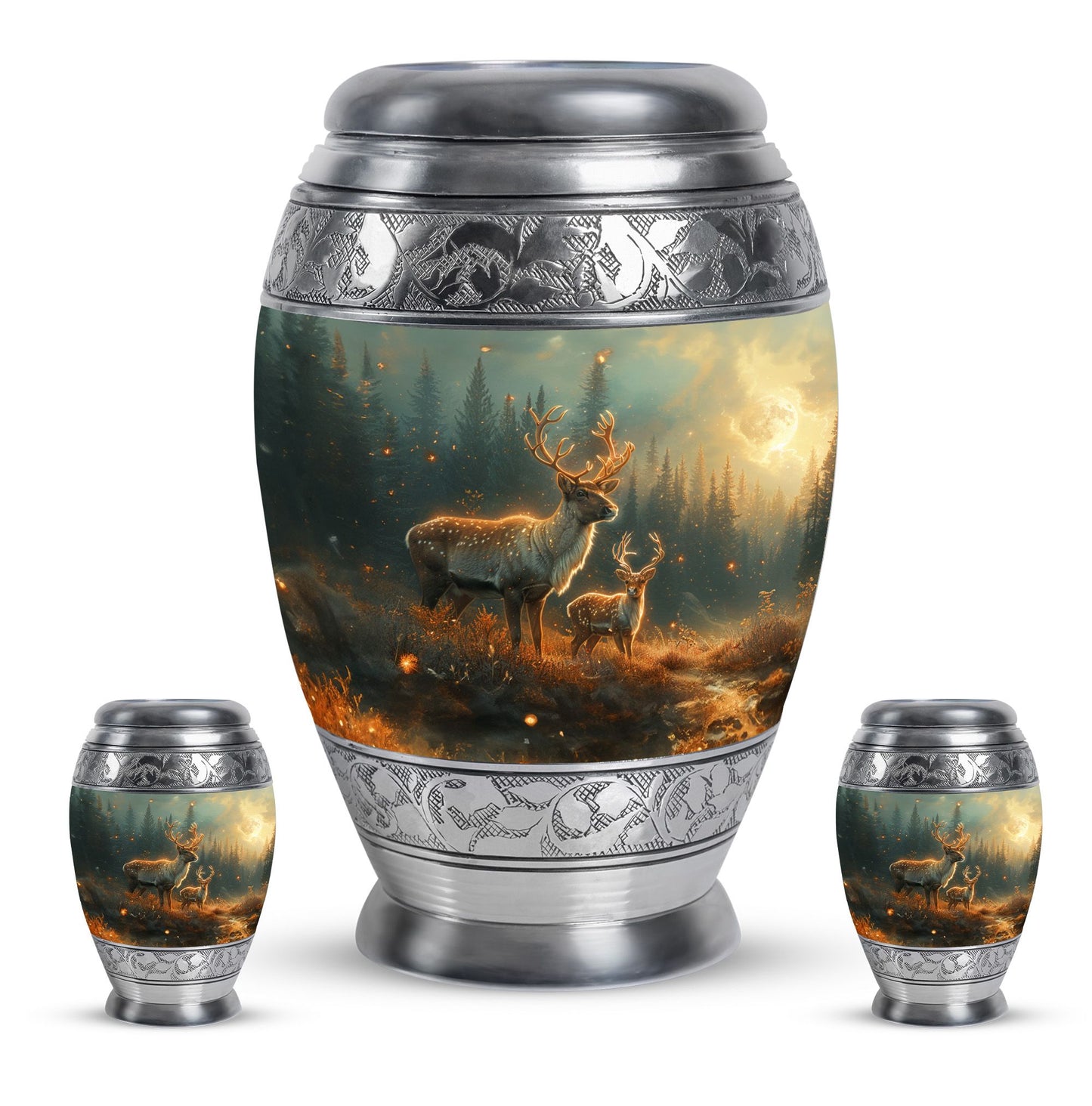 Deer Family Theme Large Urn With 2 Keepsake Urn