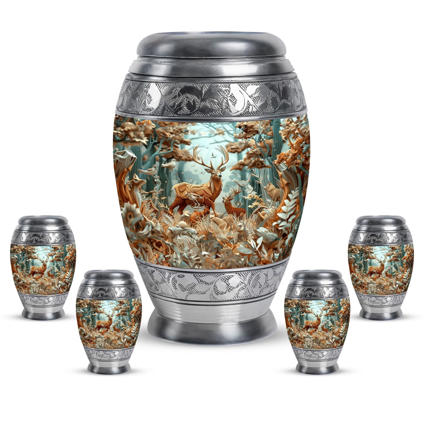 Deer Family Theme Large Urn With 4 Keepsake Urn