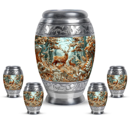 Deer Family Theme Large Urn With 4 Keepsake Urn