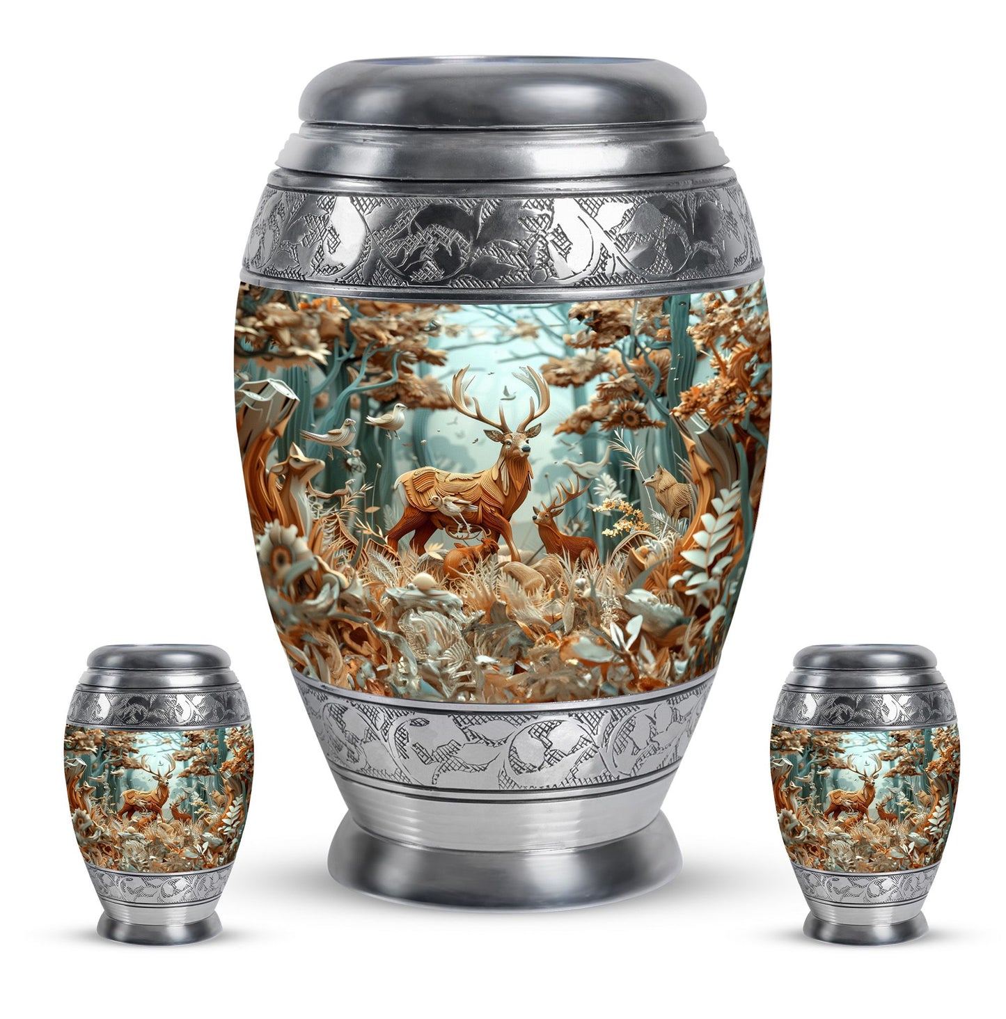 Deer Family Theme Large Urn With 2 Keepsake Urn