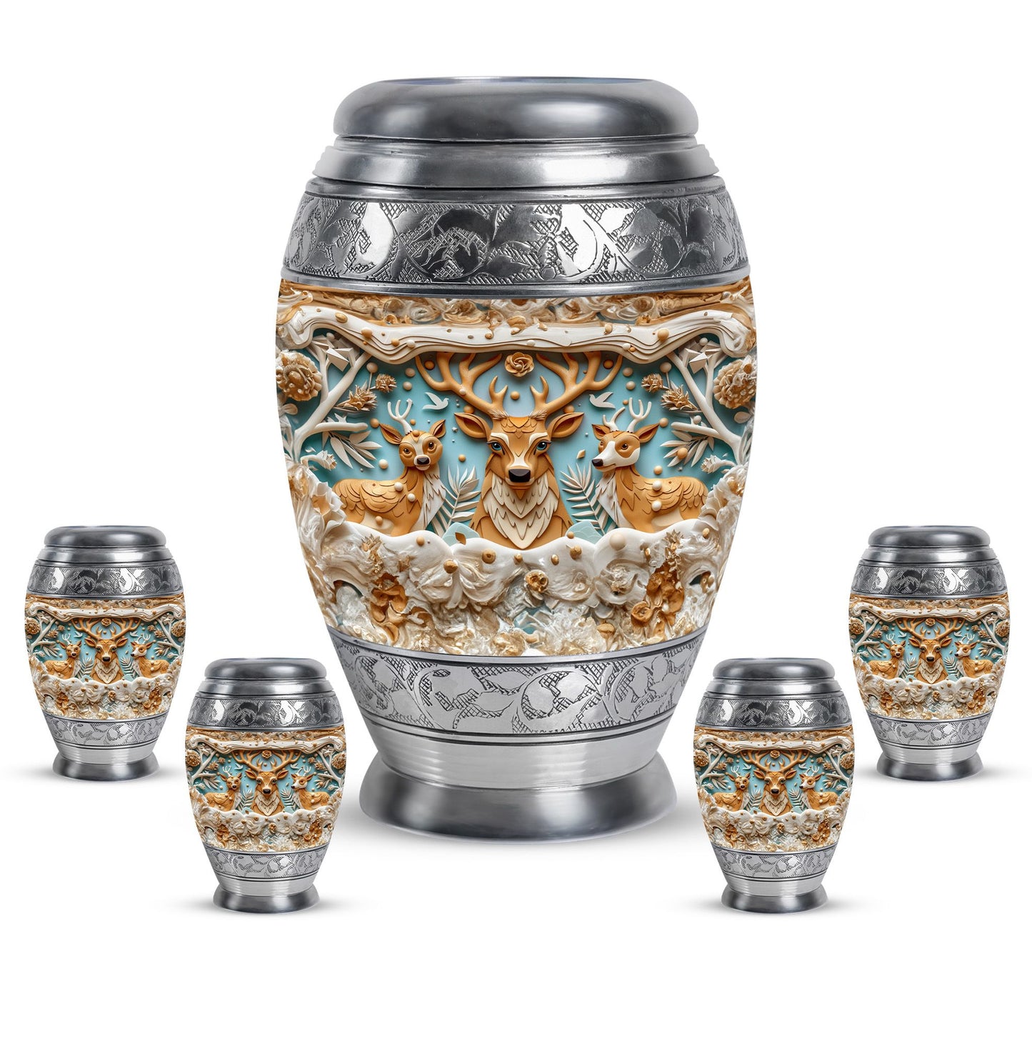 Deer Family Theme Large Urn With 4 Keepsake Urn