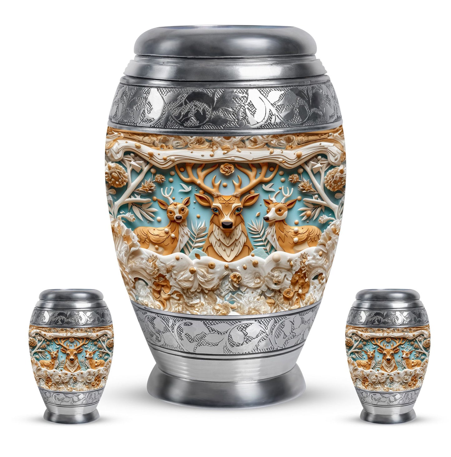 Deer Family Theme Large Urn With 2 Keepsake Urn