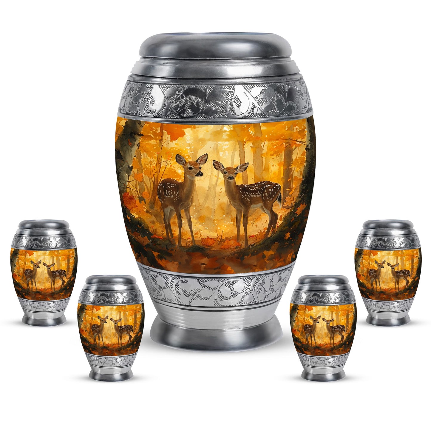 Deer Family Theme Large Urn With 4 Keepsake Urn