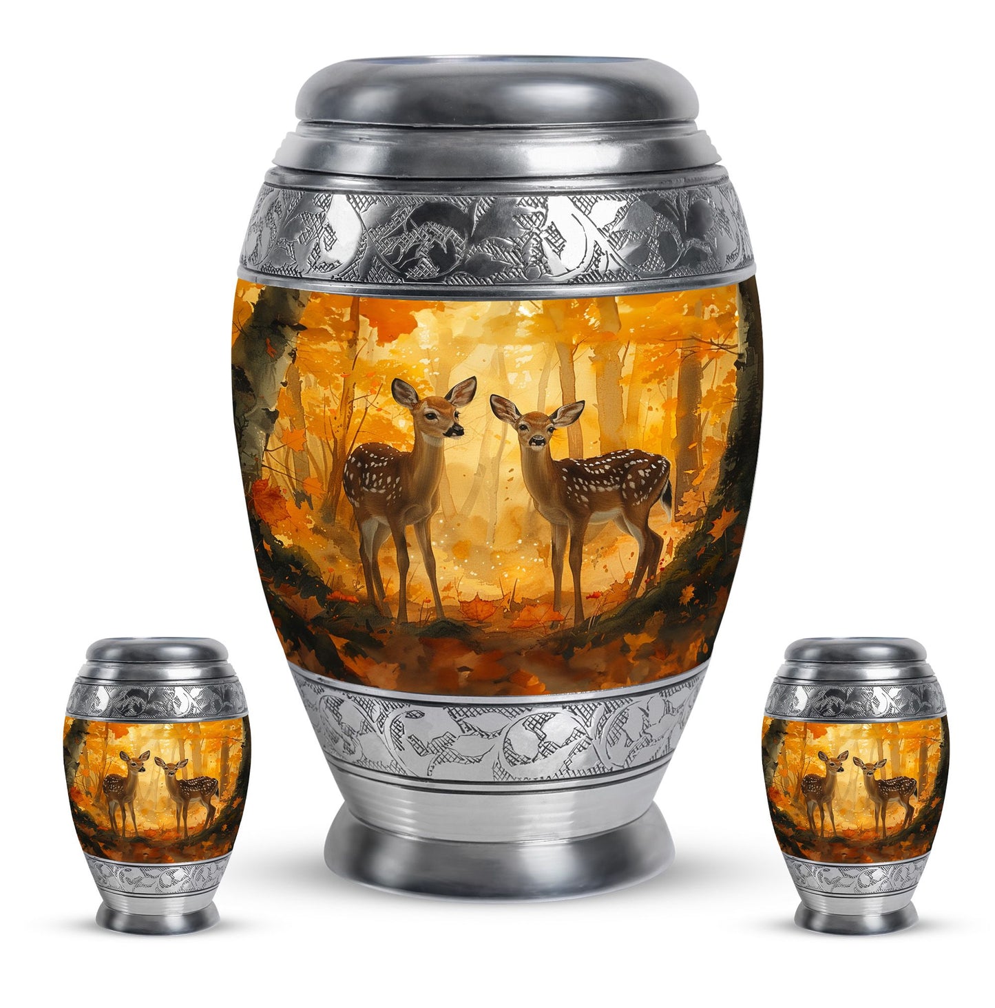 Deer Family Theme Large Urn With 2 Keepsake Urn