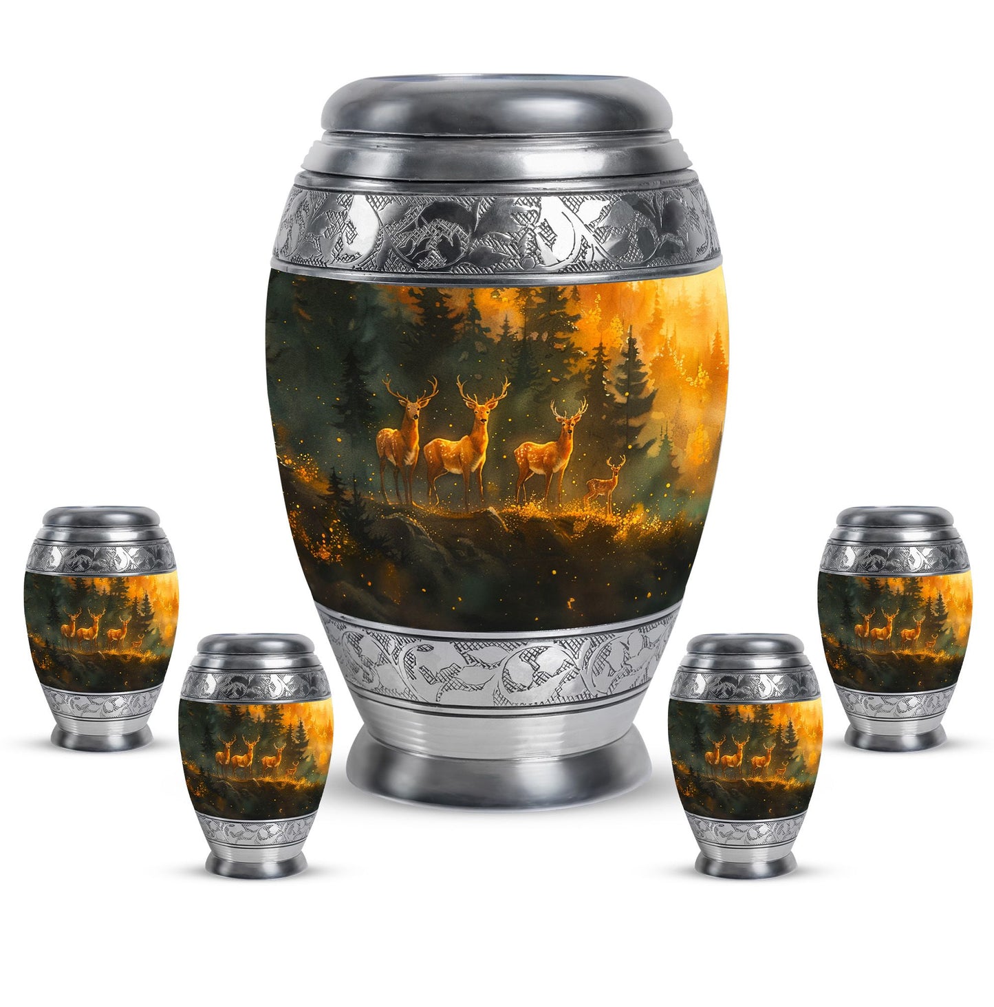 Deer Family Theme Large Urn With 4 Keepsake Urn