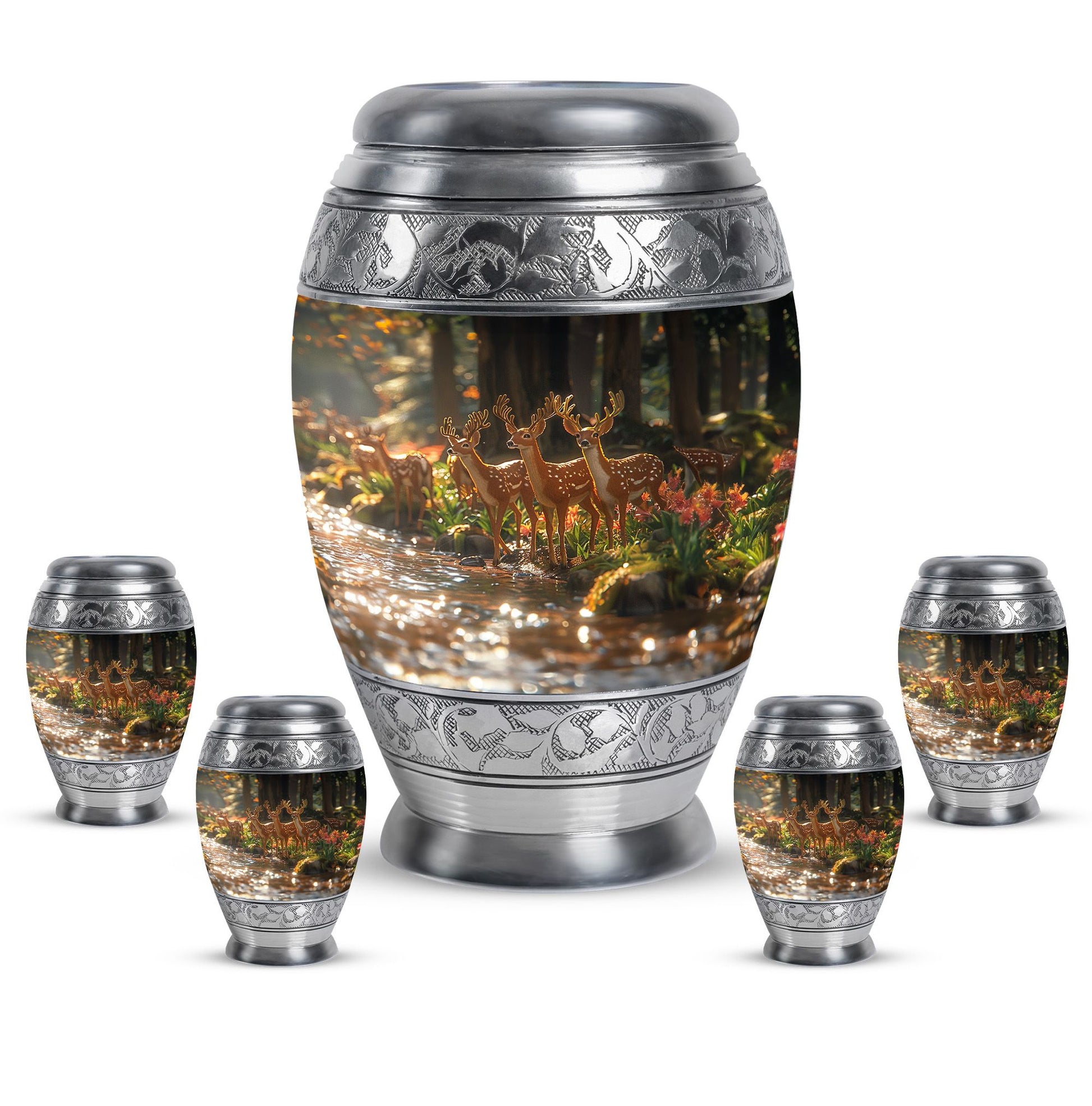 Deer Family Theme Large Urn With 4 Keepsake Urn