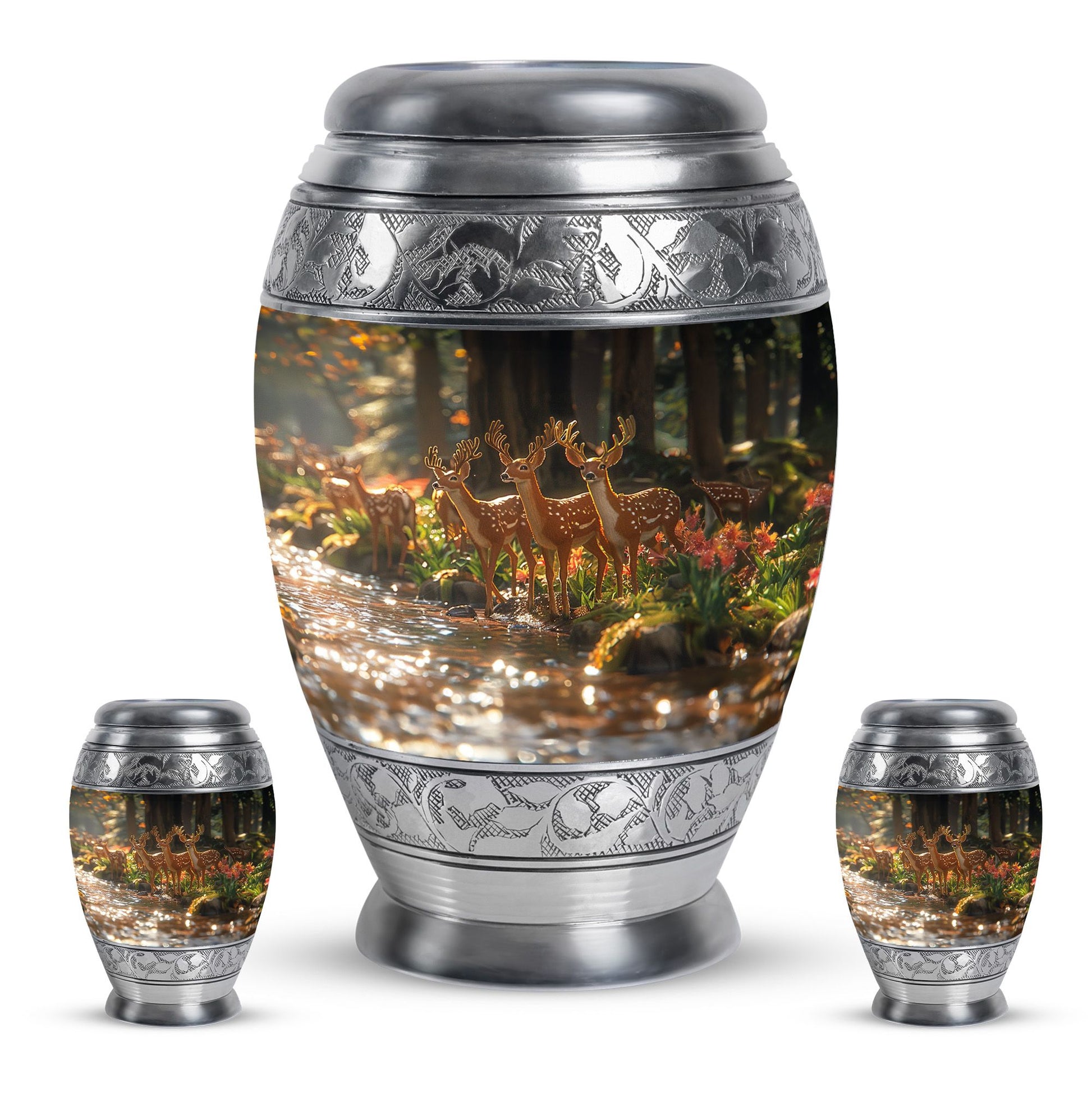 Deer Family Theme Large Urn With 2 Keepsake Urn