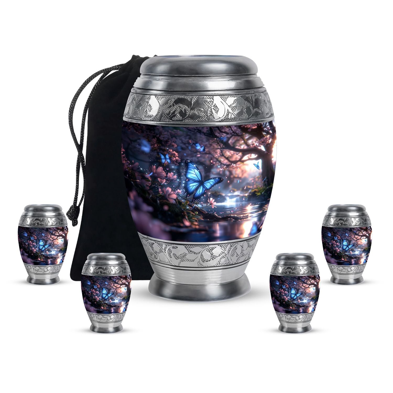 Butterfly Theme Large Urn With 4 Keepsake Urn