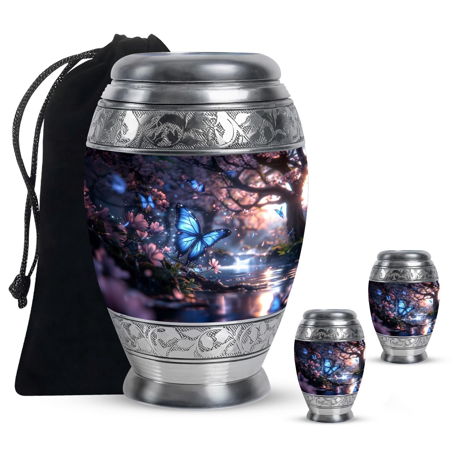 Butterfly Theme Large Urn With 2 Keepsake Urn