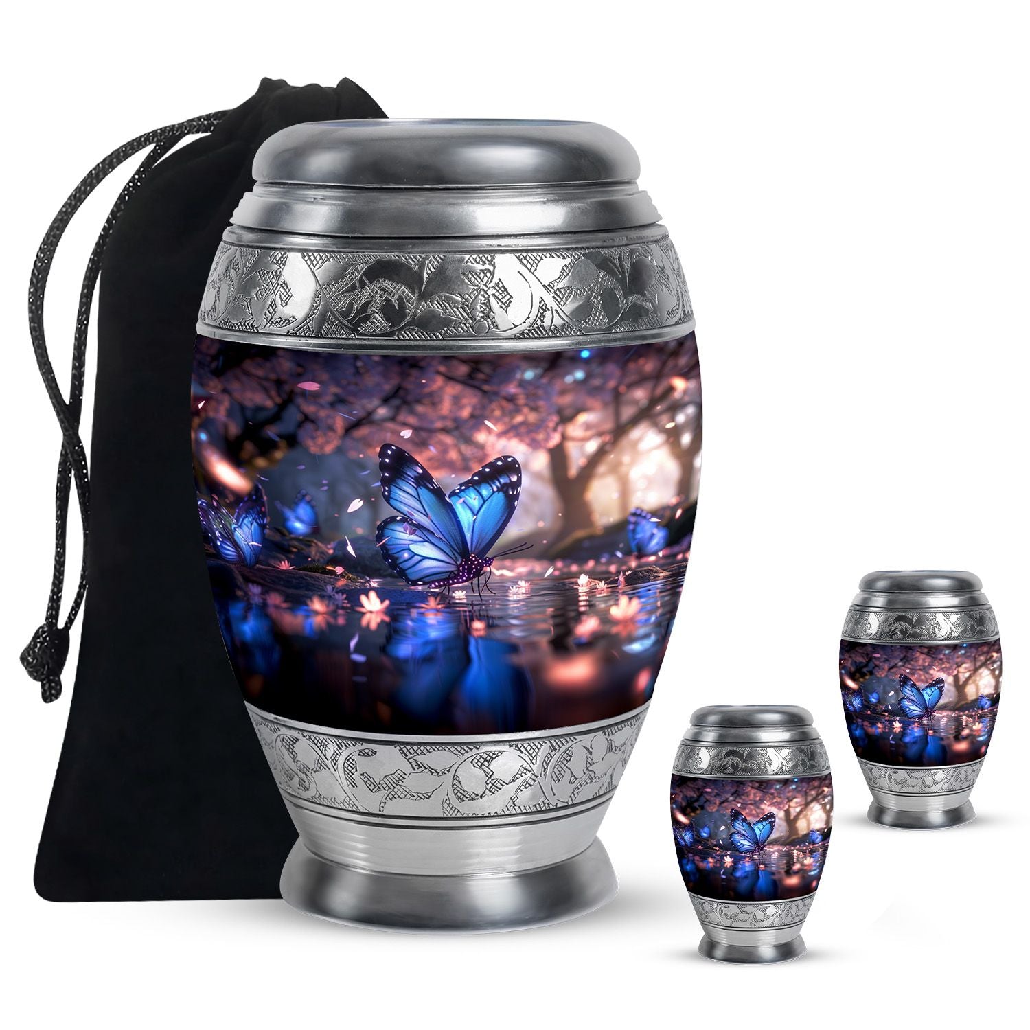 Butterfly Theme Large Urn With 2 Keepsake Urn