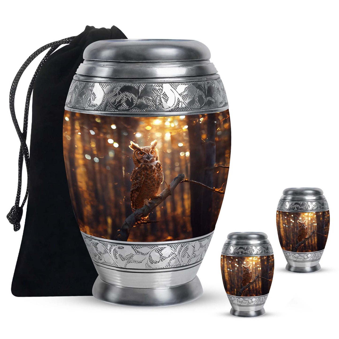 Owl Theme Large Urn With 2 Keepsake Urn