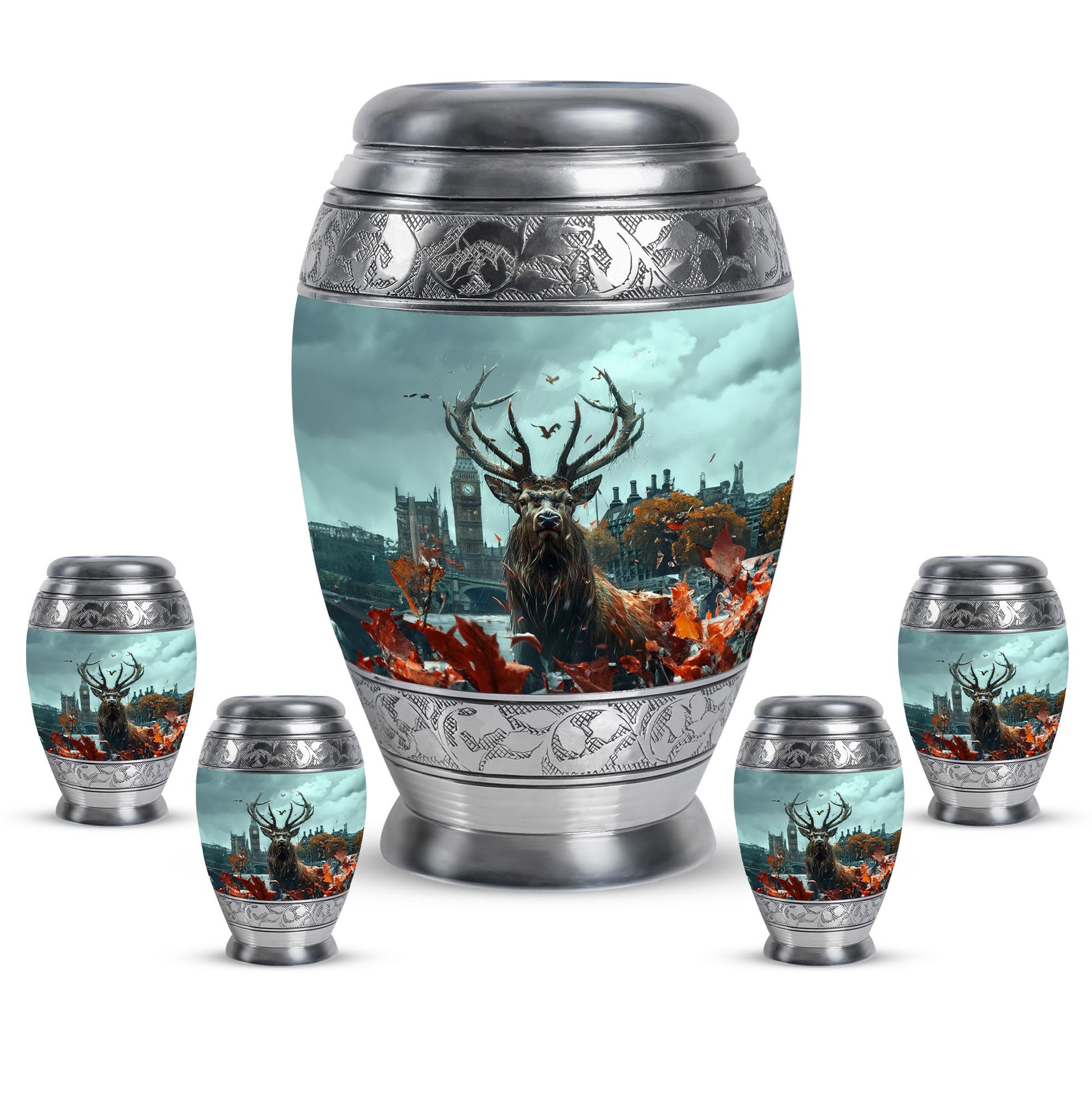 Deer Theme Large Urn With 4 Keepsake Urn