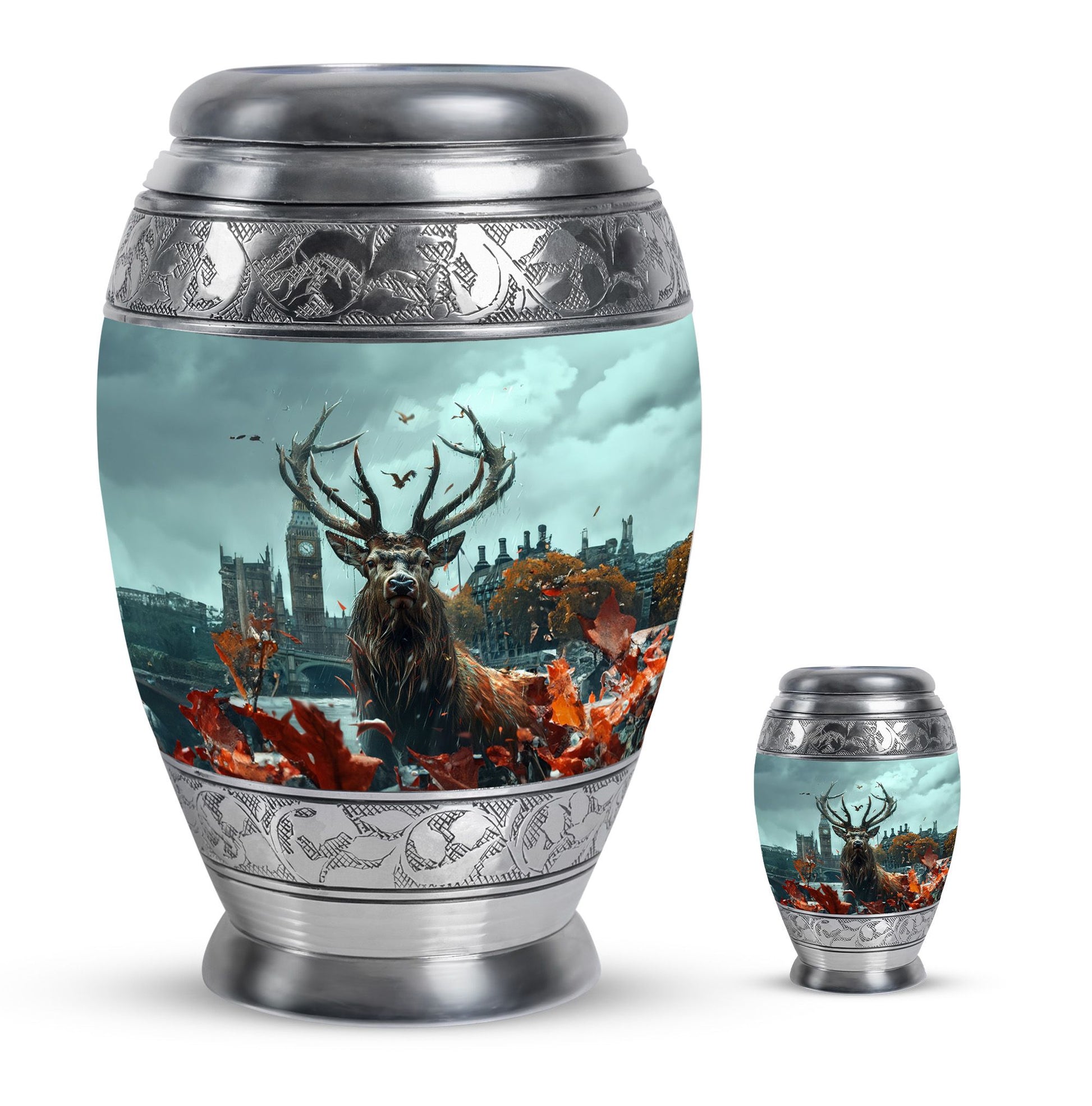 Deer Theme Large Urn With 1 Keepsake Urn