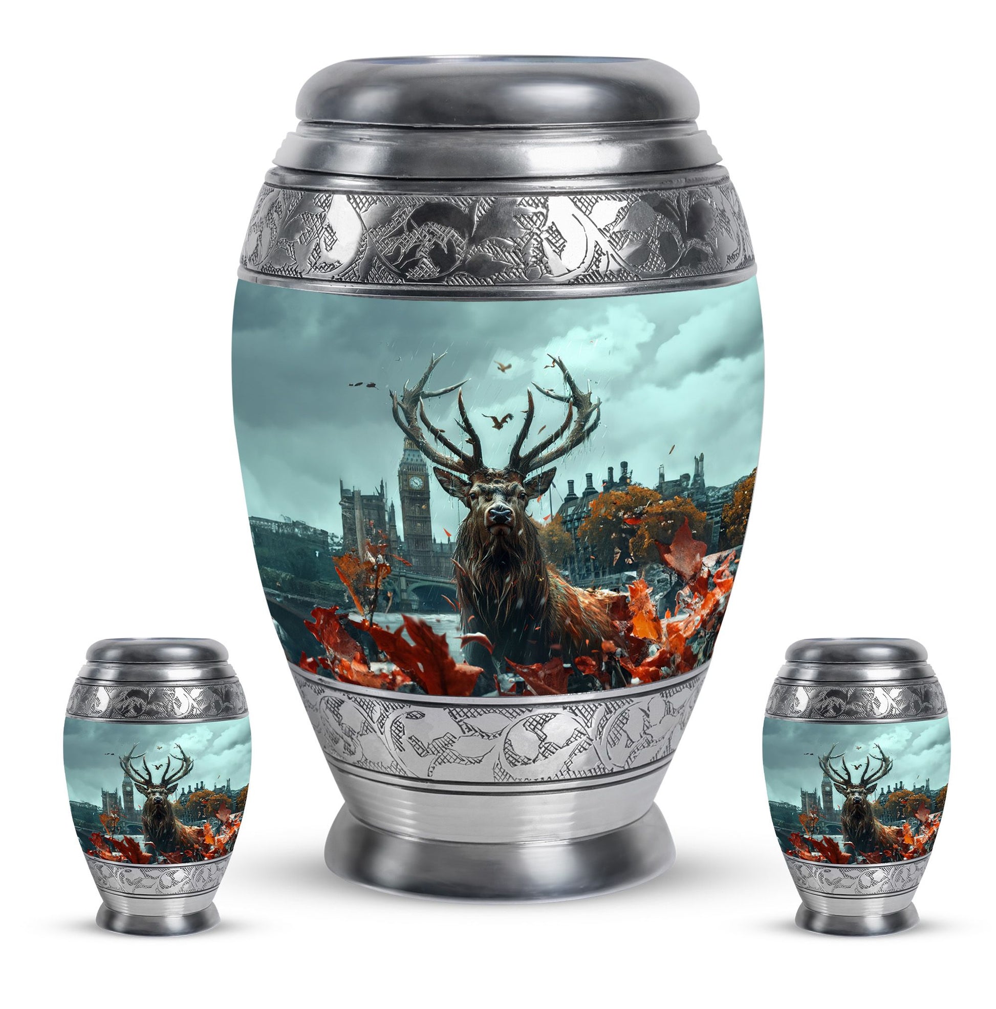 Deer Theme Large Urn With 2 Keepsake Urn