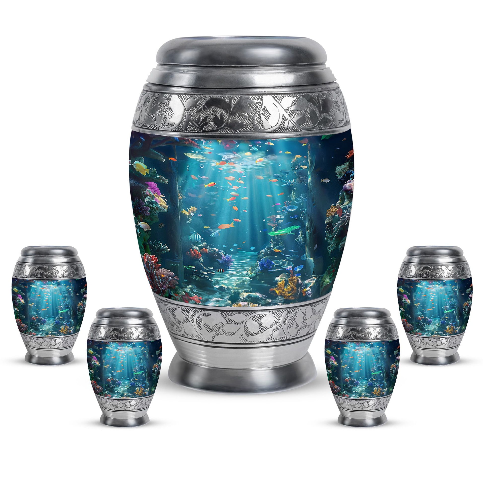 Fish Theme Large Urn With 4 Keepsake Urn