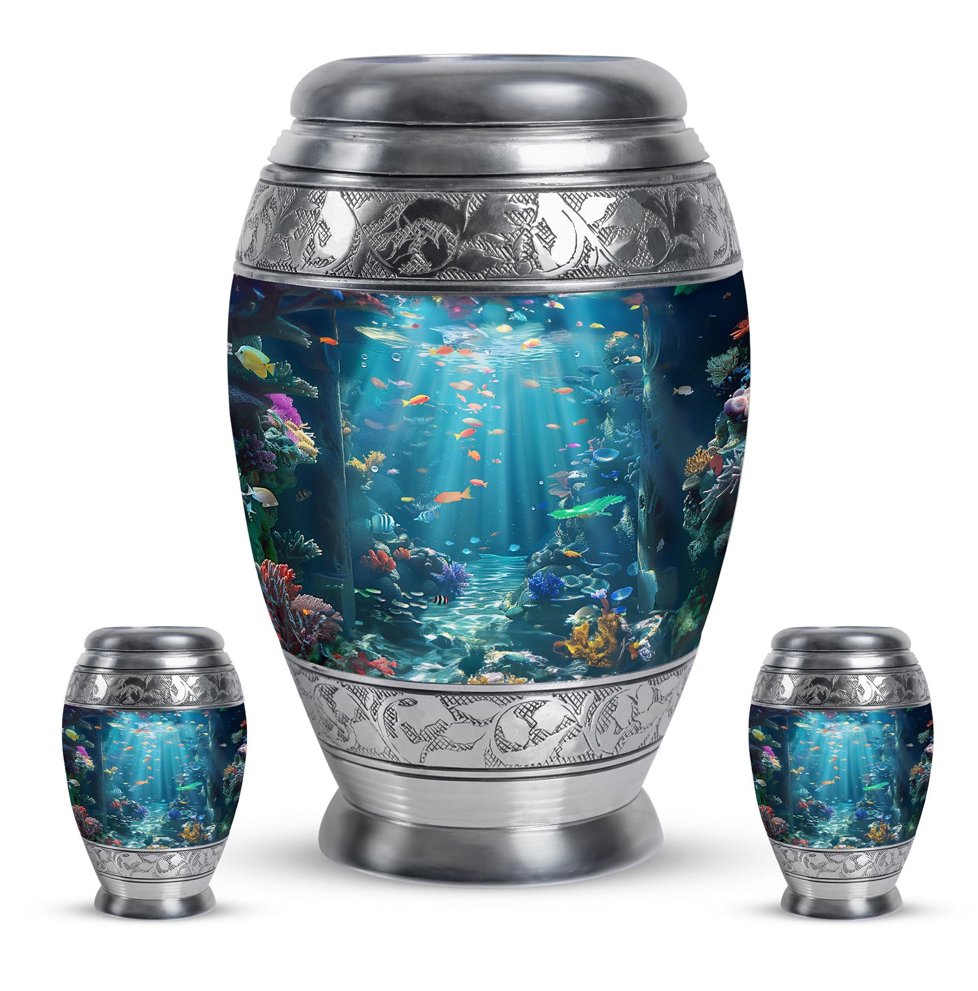 Fish Theme Large Urn With 2 Keepsake Urn