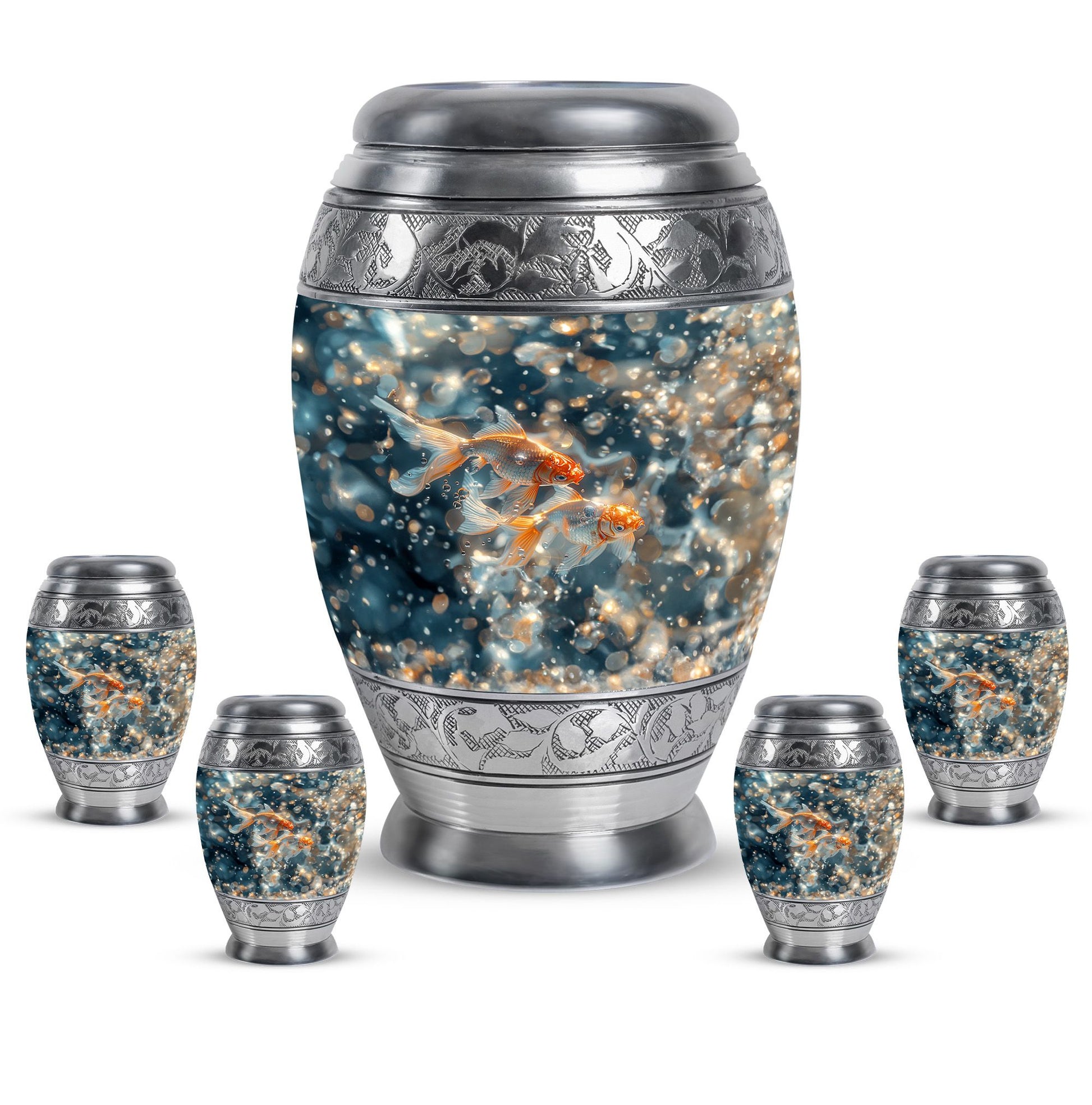 Fish Theme Large Urn With 4 Keepsake Urn