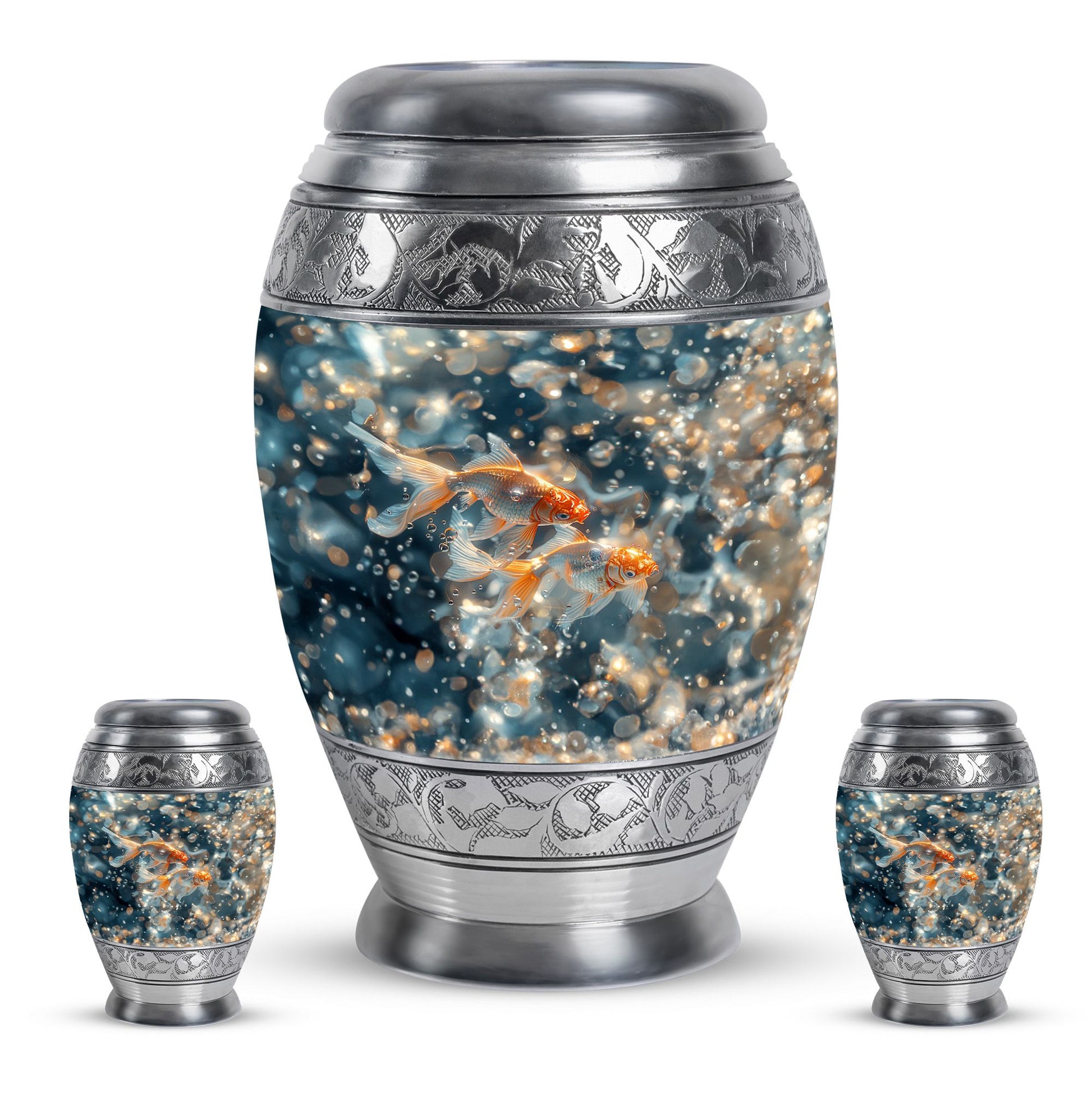 Fish Theme Large Urn With 2 Keepsake Urn