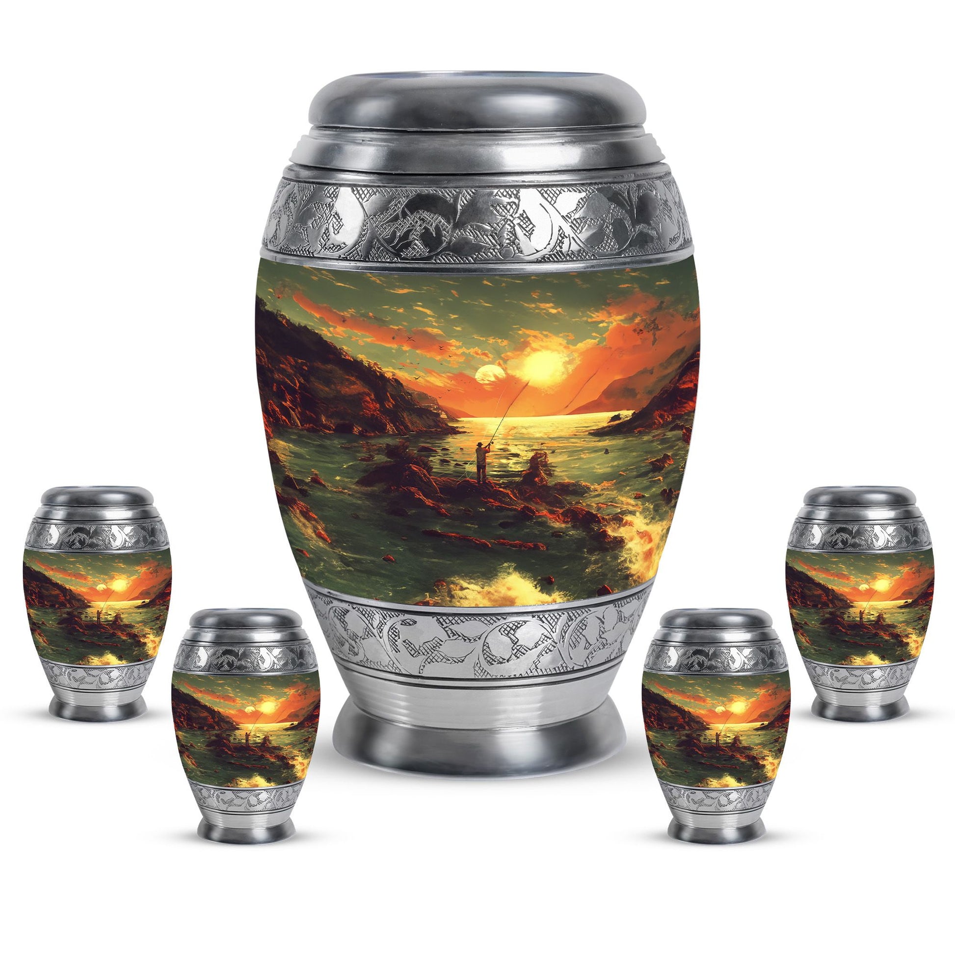 Fishing Theme Large Urn With 4 Keepsake Urn