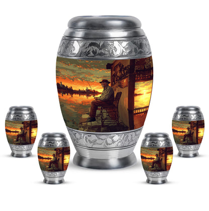 Fishing Theme Large Urn With 4 Keepsake Urn