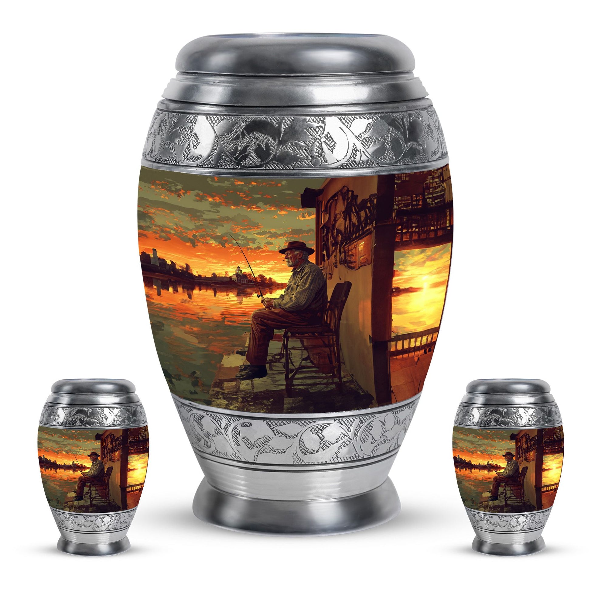 Fishing Theme Large Urn With 2 Keepsake Urn