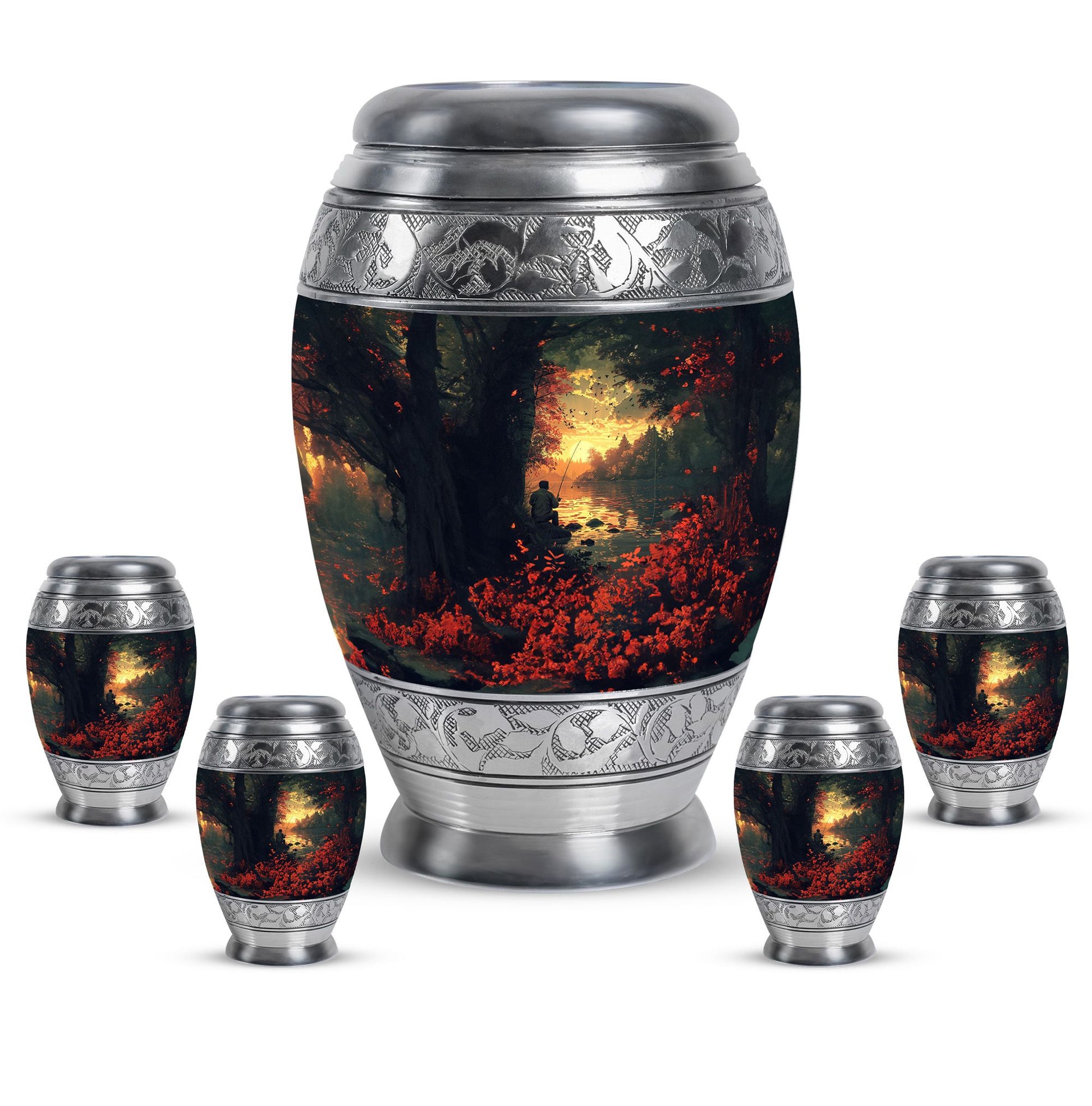 Fishing Theme Large Urn With 4 Keepsake Urn