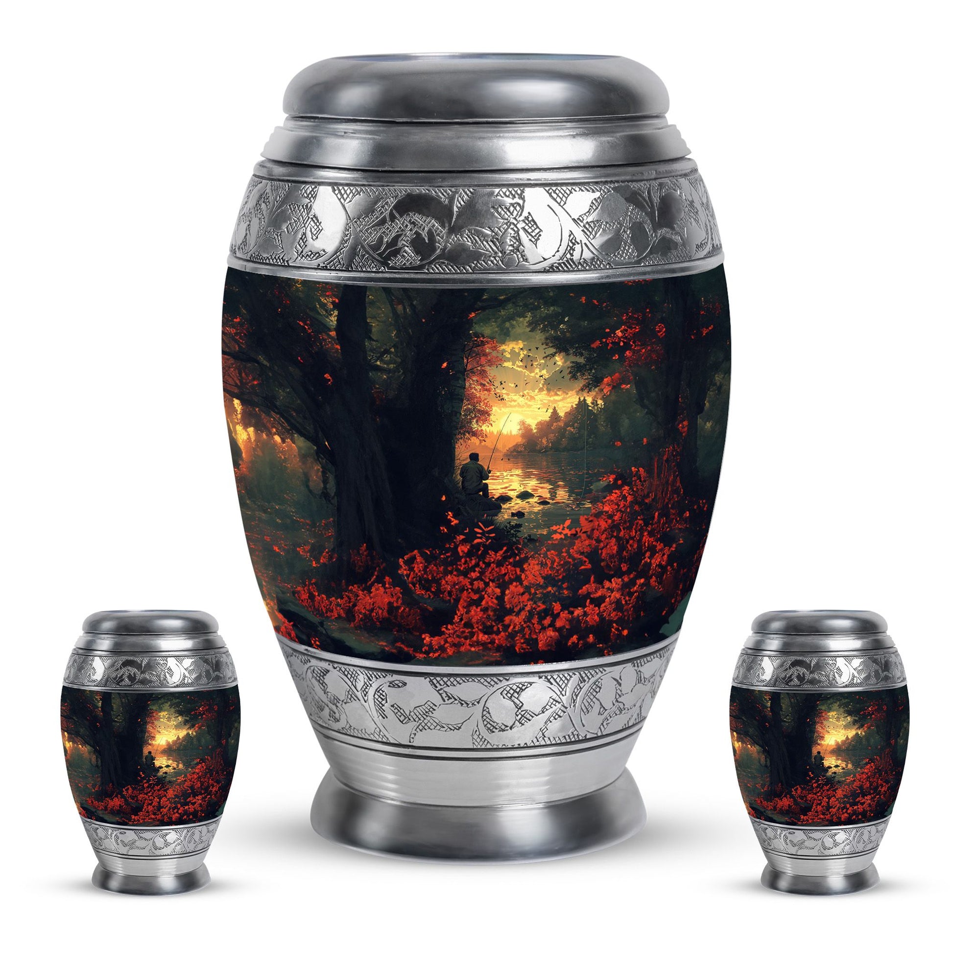 Fishing Theme Large Urn With 2 Keepsake Urn