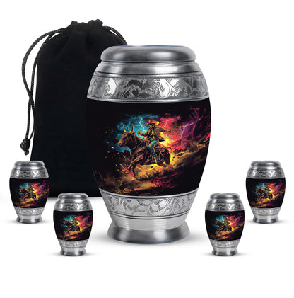 Cowboy Theme Large Urn With 4 Keepsake Urn