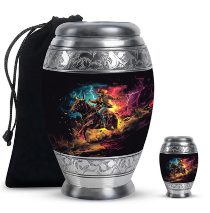 Cowboy Theme Large Urn With 1 Keepsake Urn