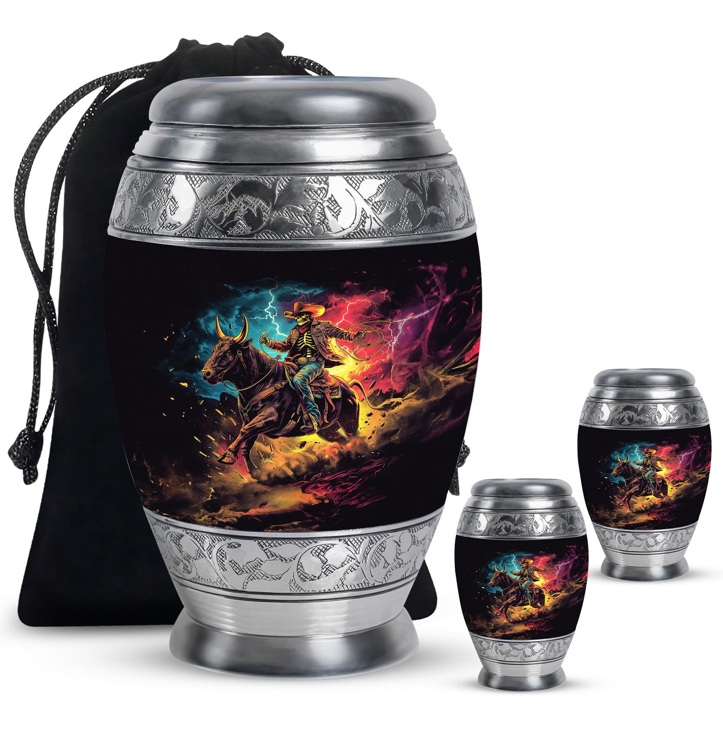 Cowboy Theme Large Urn With 2 Keepsake Urn