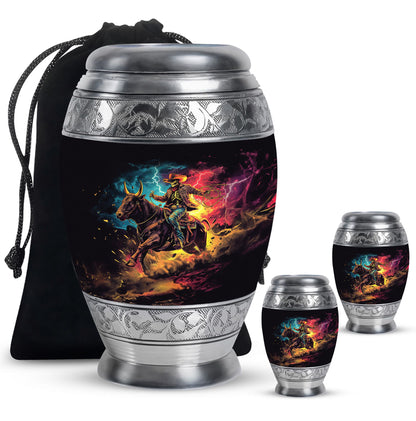Cowboy Theme Large Urn With 2 Keepsake Urn