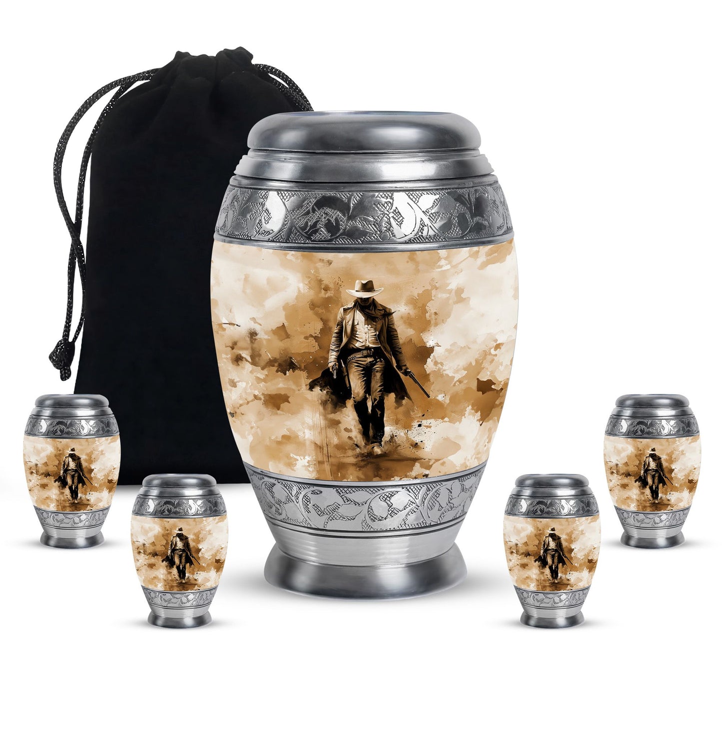 Cowboy Theme Large Urn With 4 Keepsake Urn