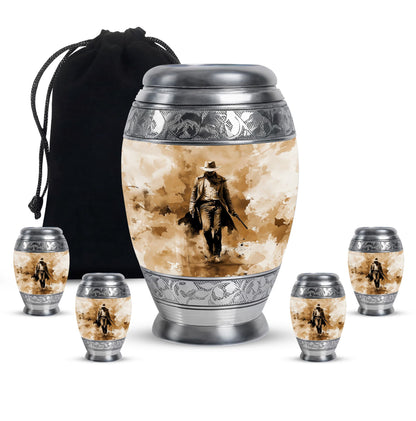 Cowboy Theme Large Urn With 4 Keepsake Urn