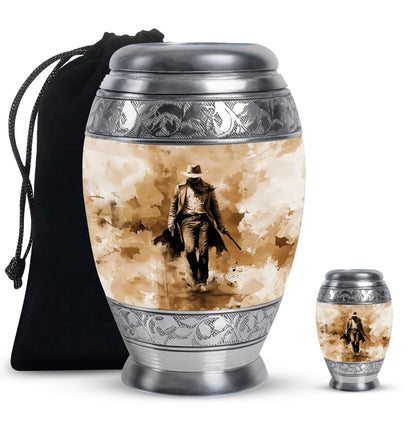 Cowboy Theme Large Urn With 1 Keepsake Urn