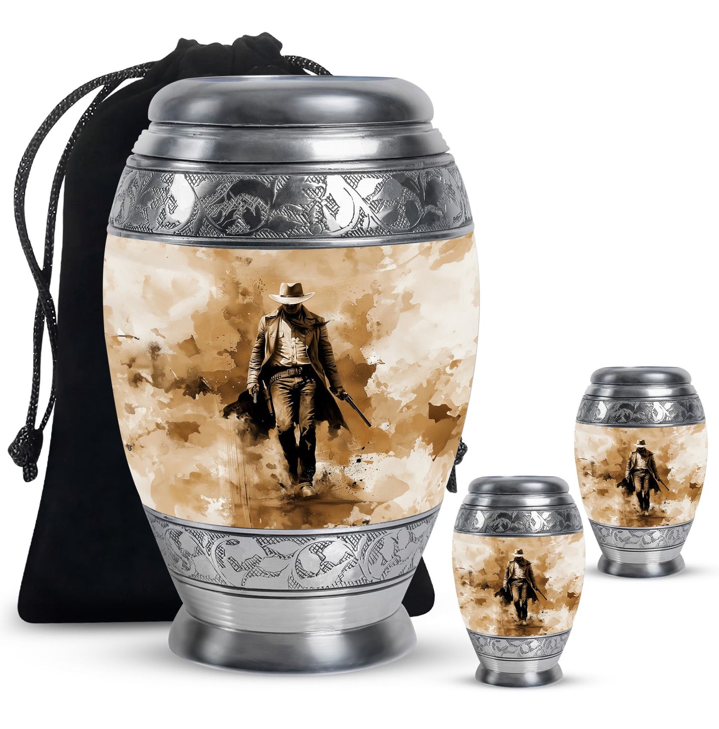 Cowboy Theme Large Urn With 2 Keepsake Urn