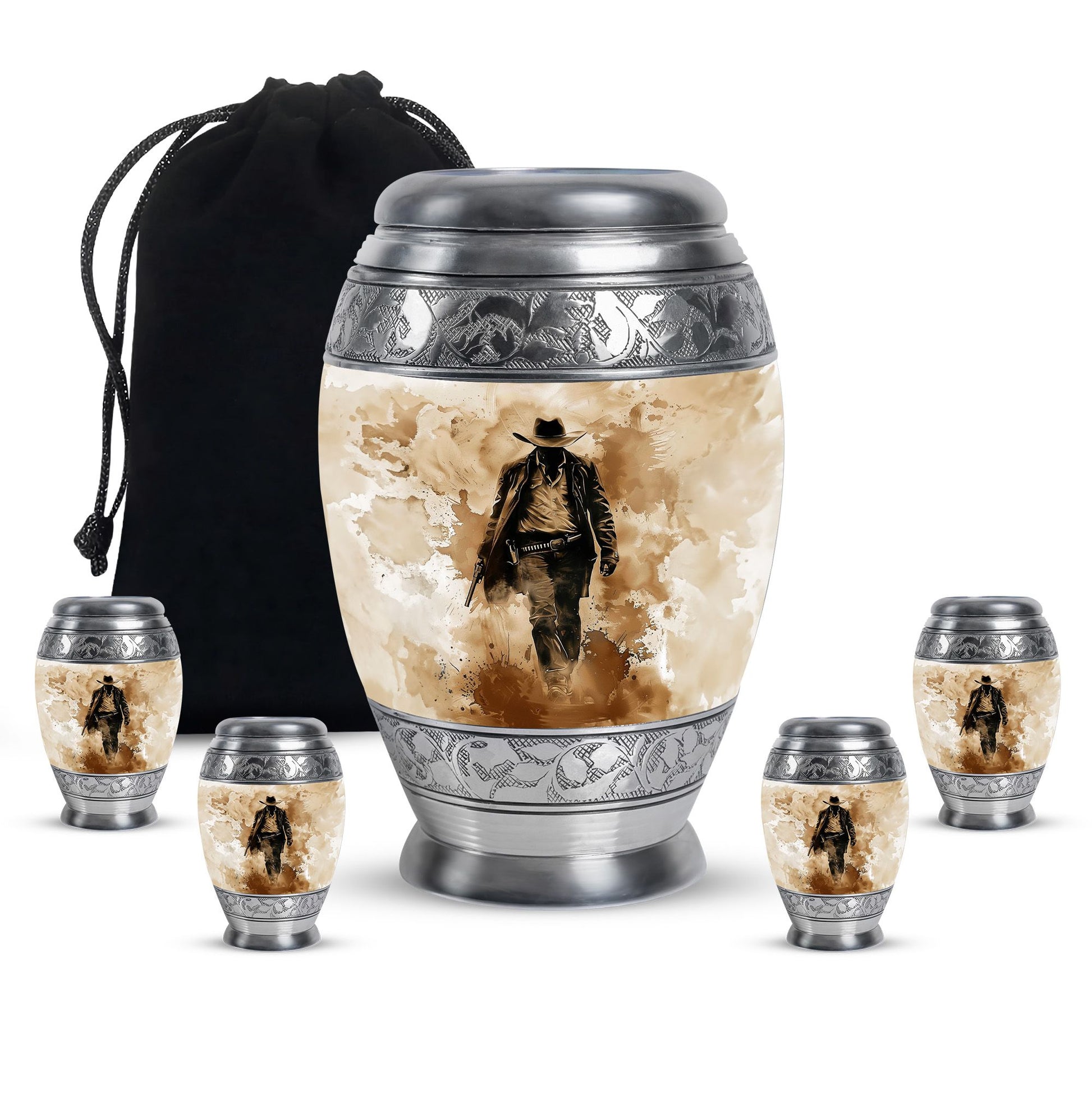 Cowboy Theme Large Urn With 4 Keepsake Urn