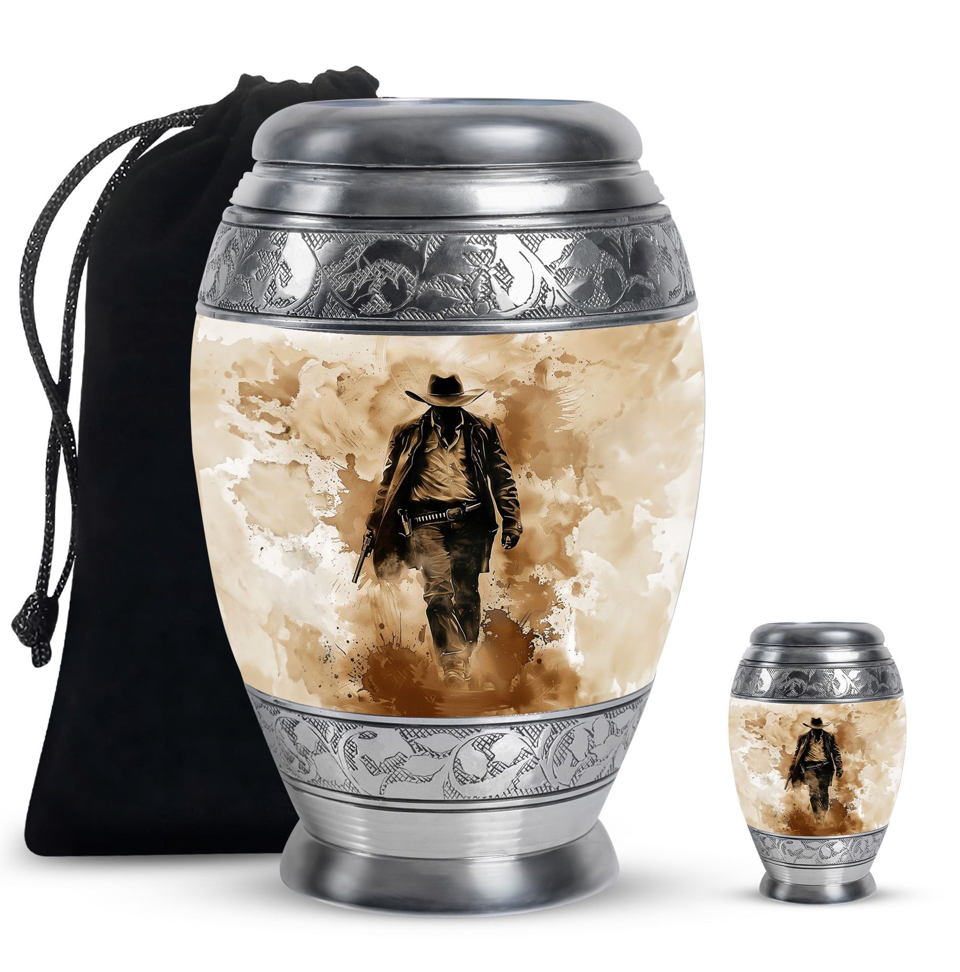 Cowboy Theme Large Urn With 1 Keepsake Urn