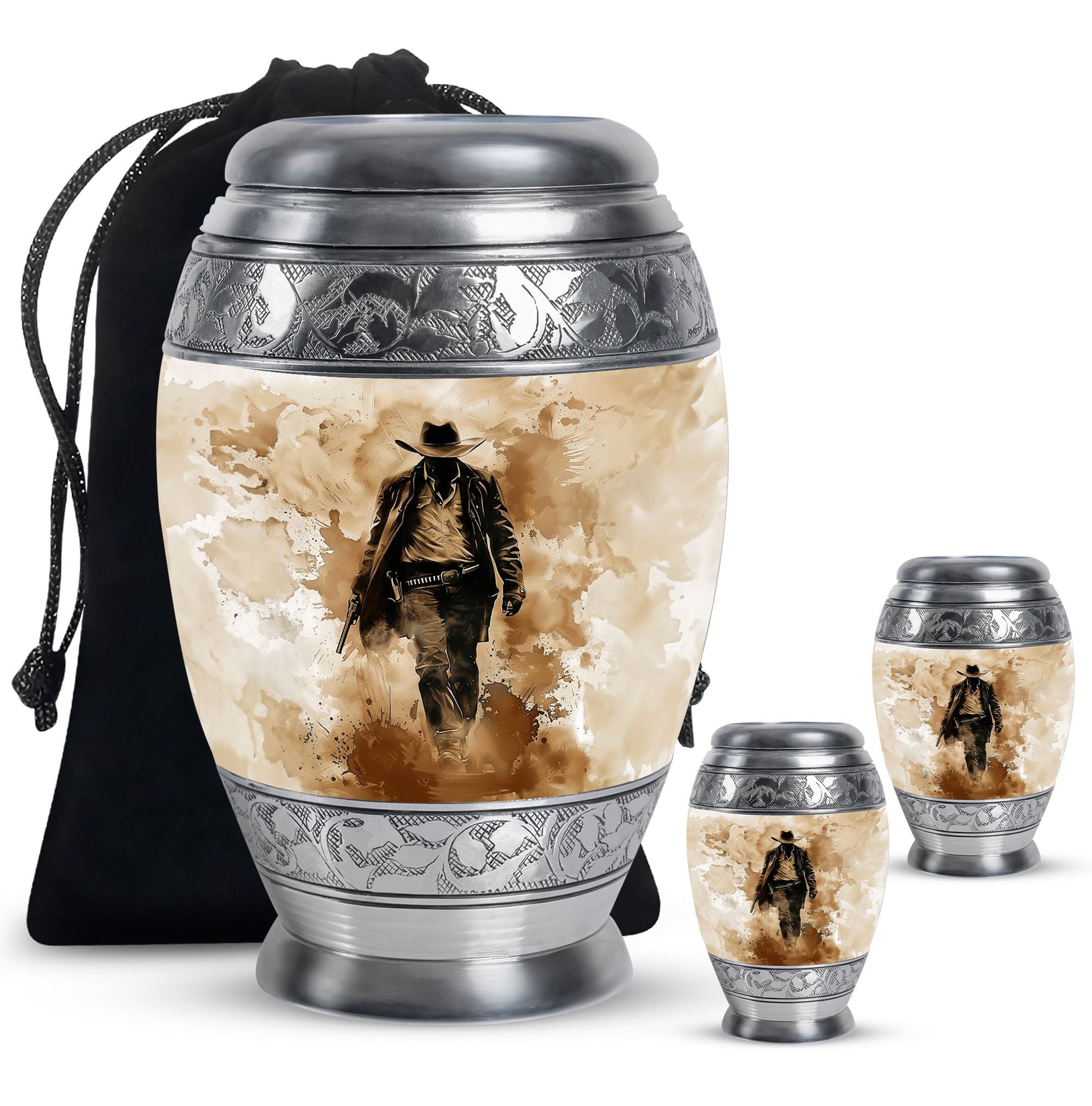 Cowboy Theme Large Urn With 2 Keepsake Urn