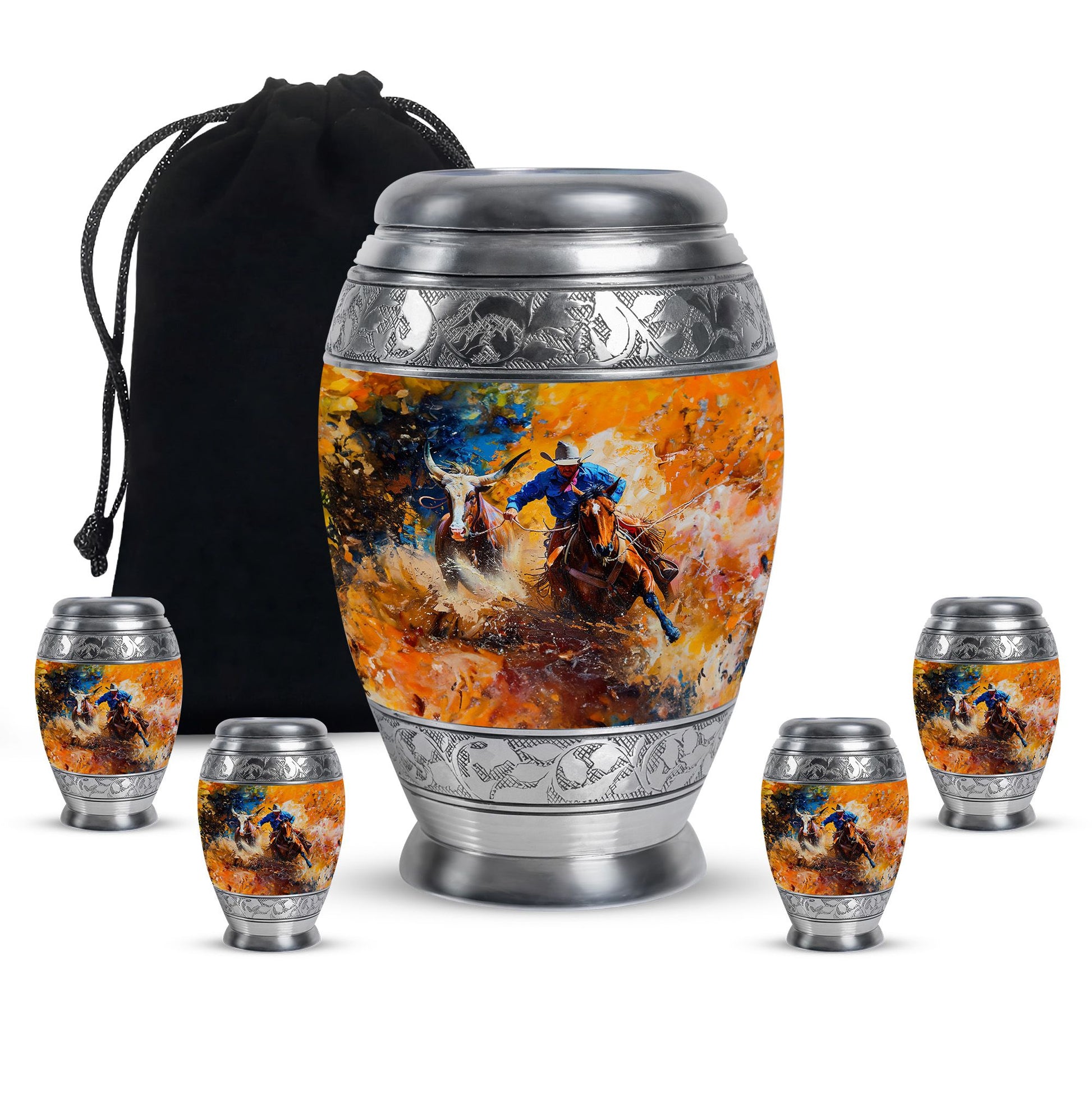 Cowboy Theme Large Urn With 4 Keepsake Urn