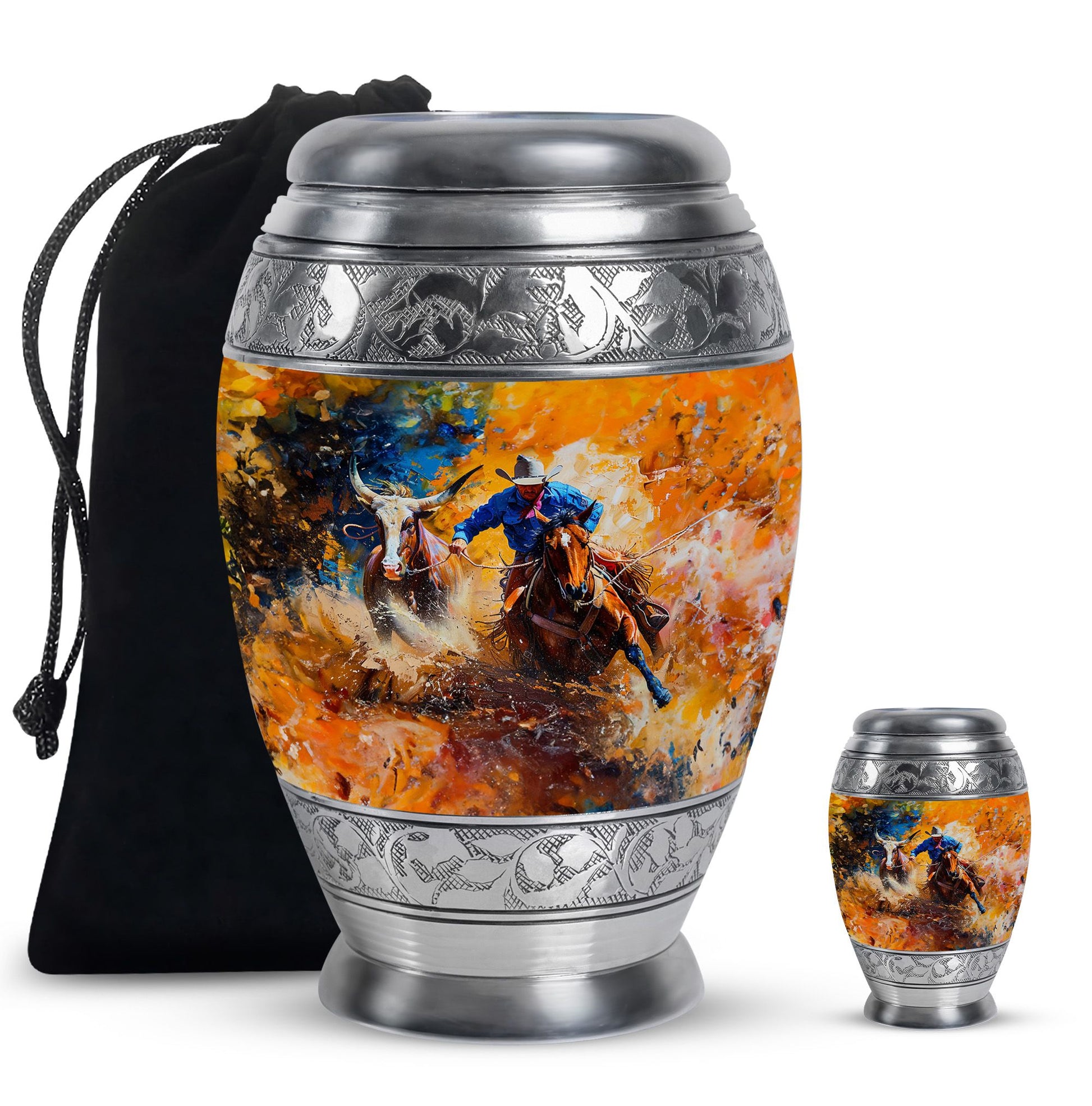 Cowboy Theme Large Urn With 1 Keepsake Urn