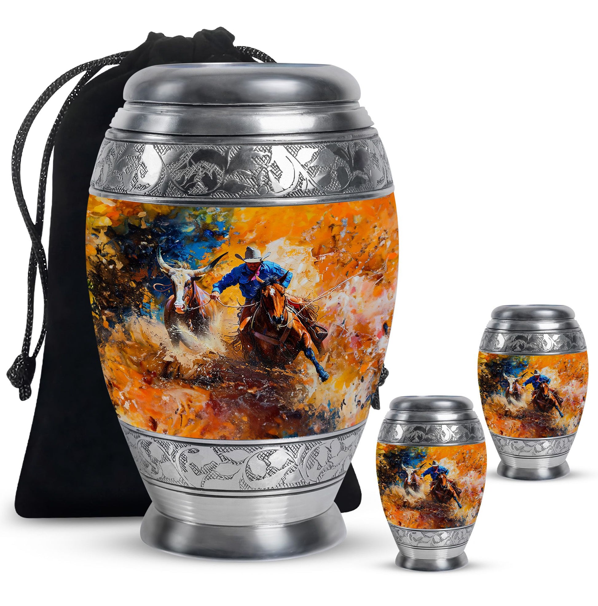 Cowboy Theme Large Urn With 2 Keepsake Urn